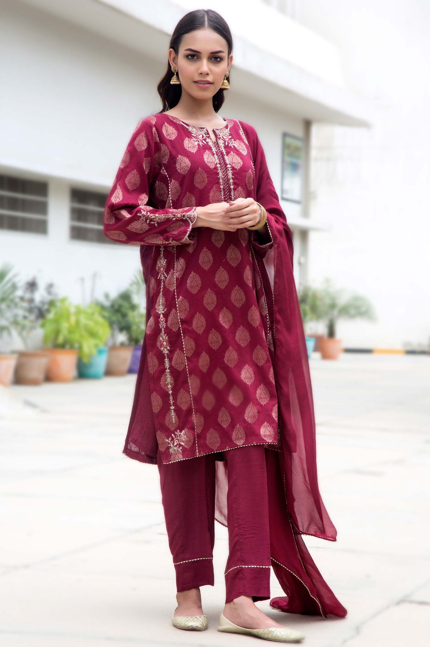 Stitched 2 Piece Jacquard Embroidered Suit