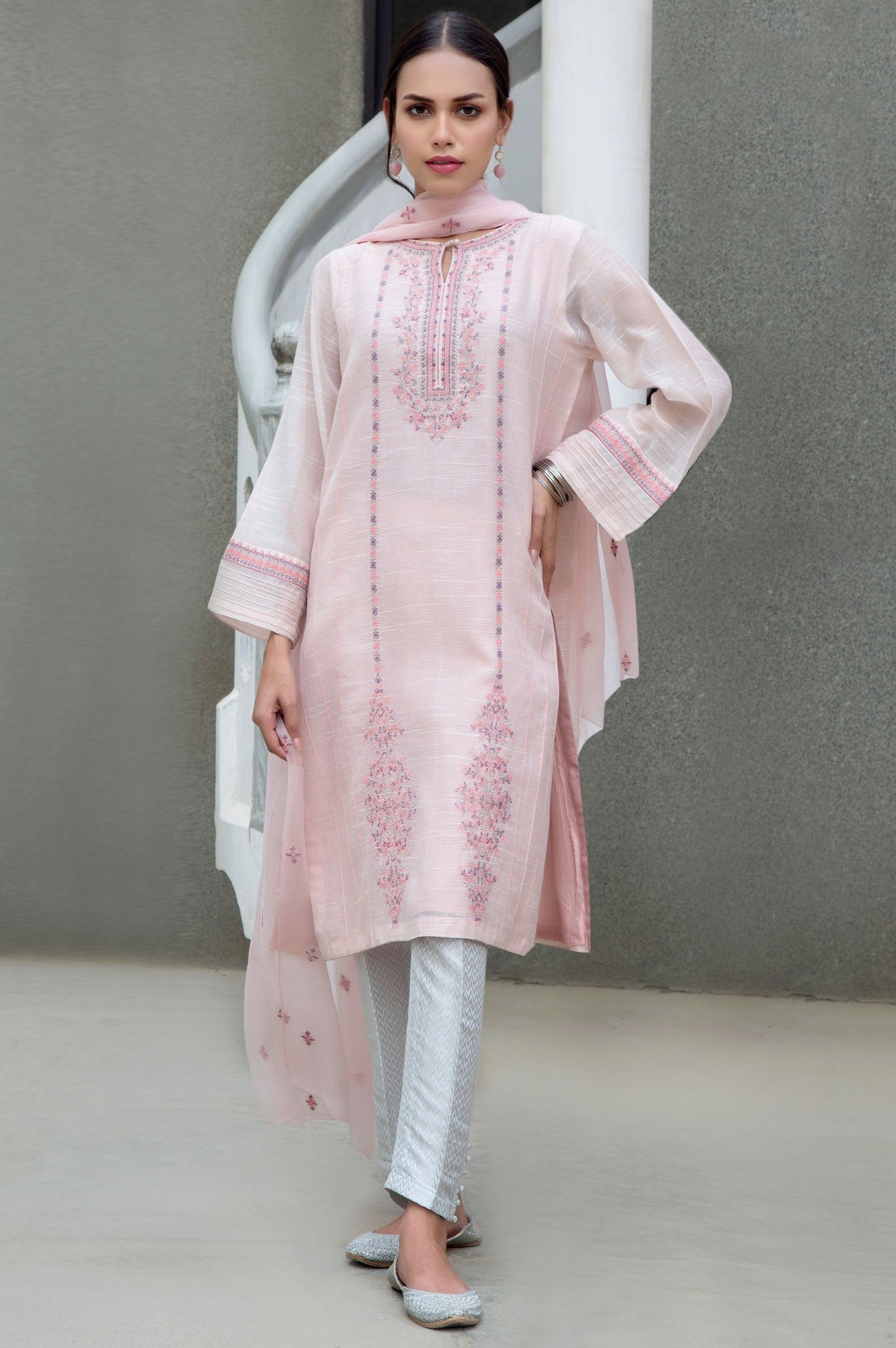 Stitched 2 Piece Slub Net Embroidered Suit