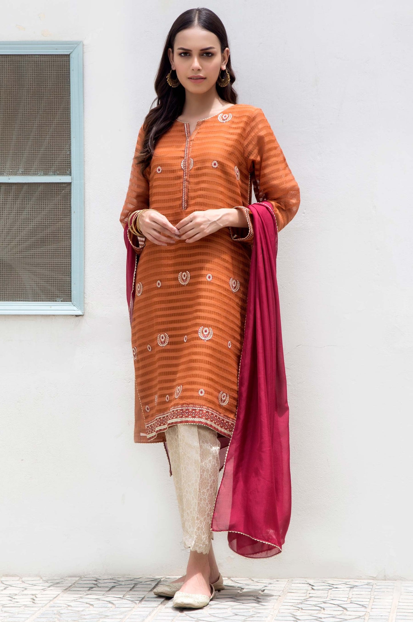 Stitched 2 Piece Stripe Karandi Embroidered Suit