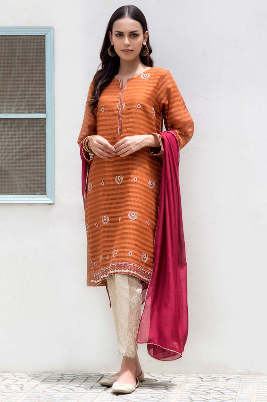 Stitched 2 Piece Stripe Karandi Embroidered Suit
