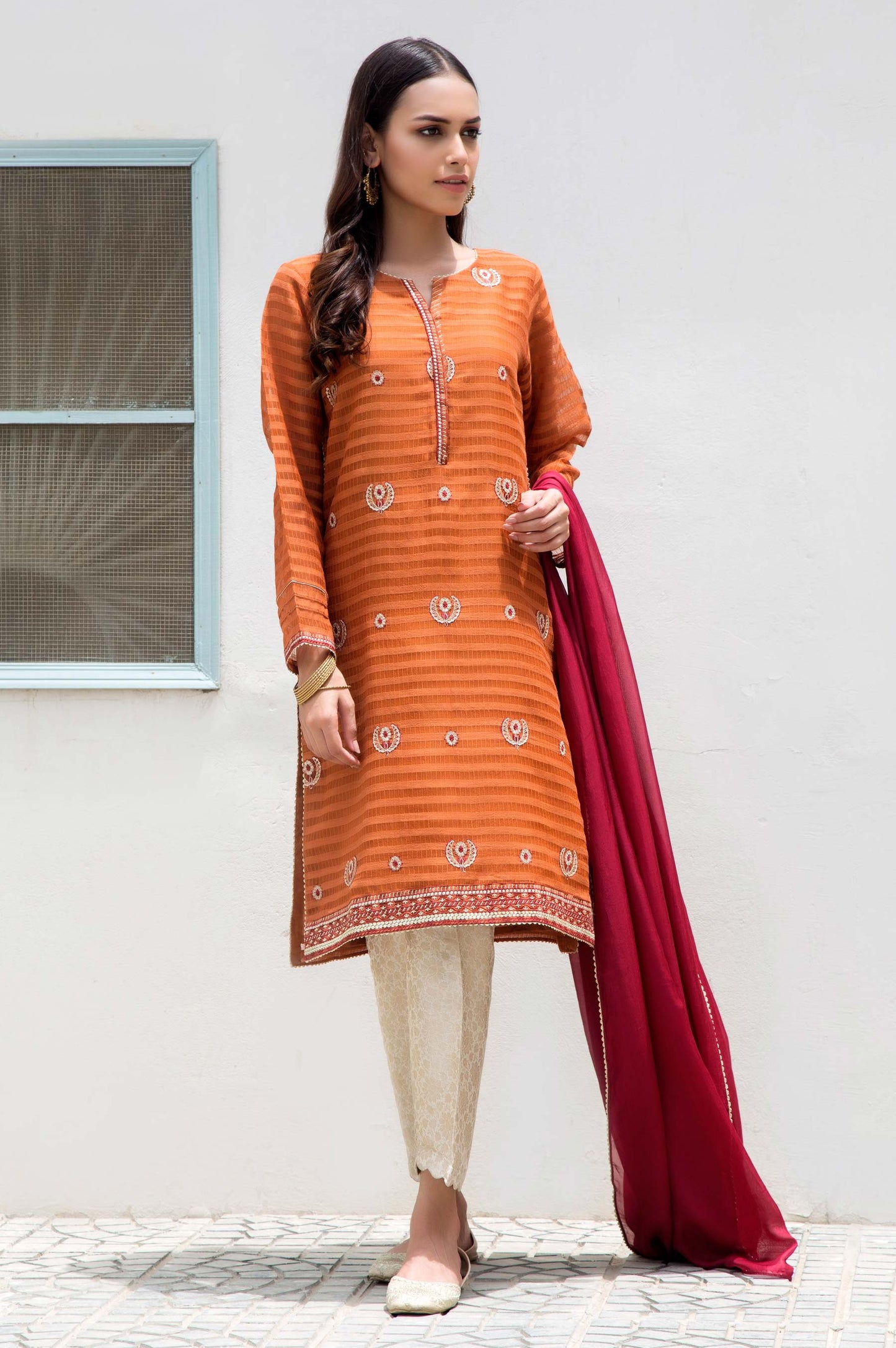 Stitched 2 Piece Stripe Karandi Embroidered Suit