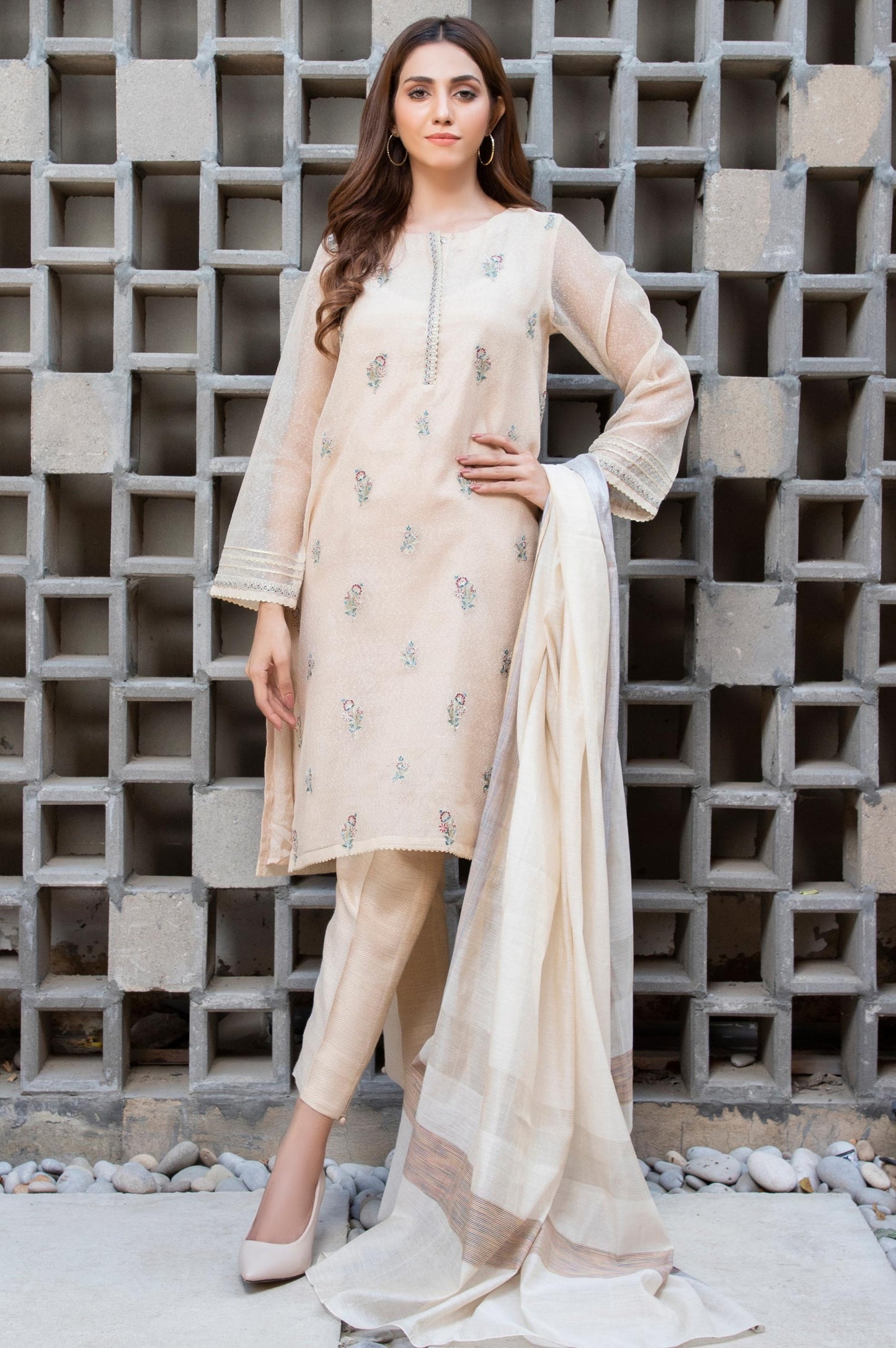 Stitched 2 Piece Karandi Net Embroidered Suit