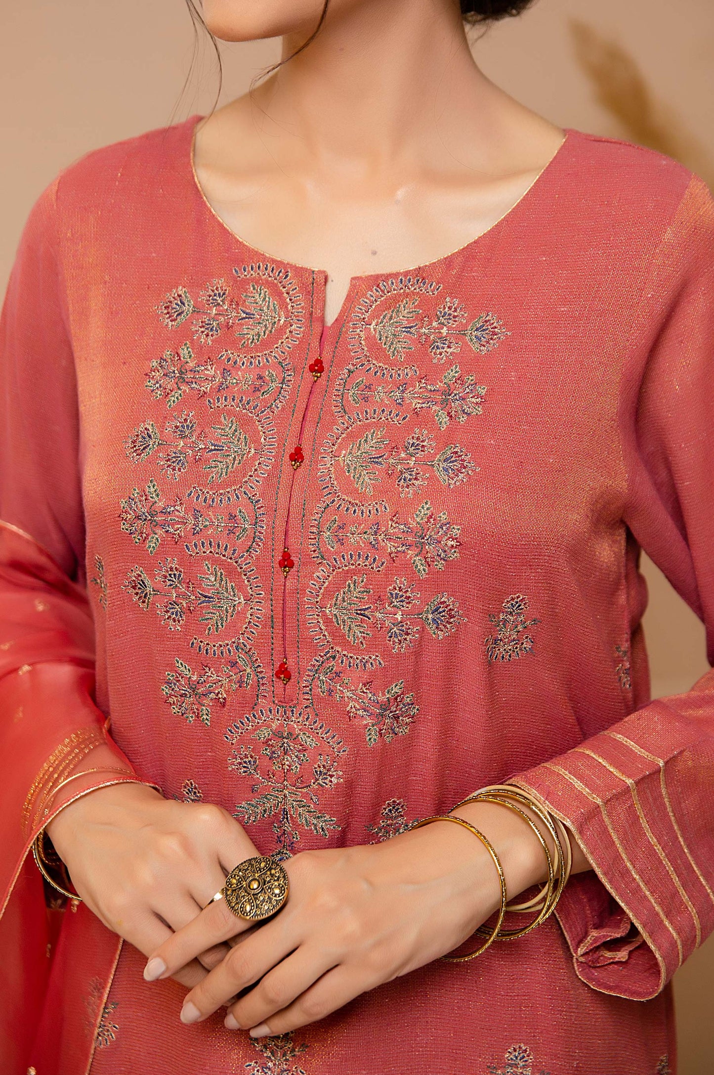 Stitched 2 Piece Zari Khaddi Net Embroidered Suit