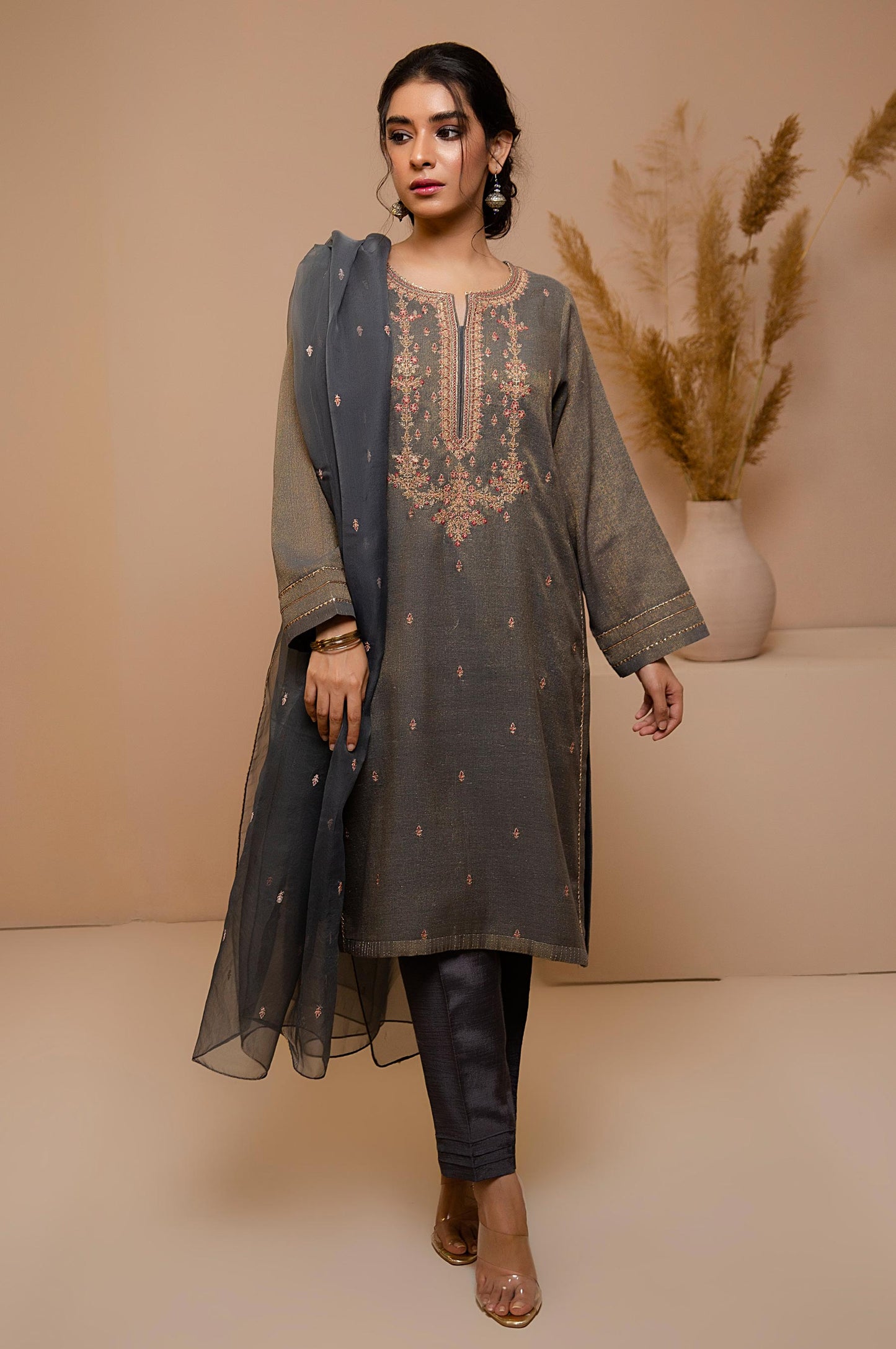 Stitched 2 Piece Zari Khaddi Net Embroidered Suit