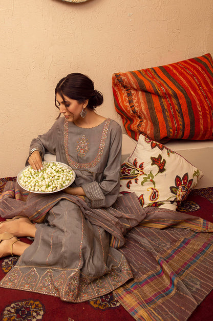 Stitched 2 Piece Raw Silk Embroidered Suit