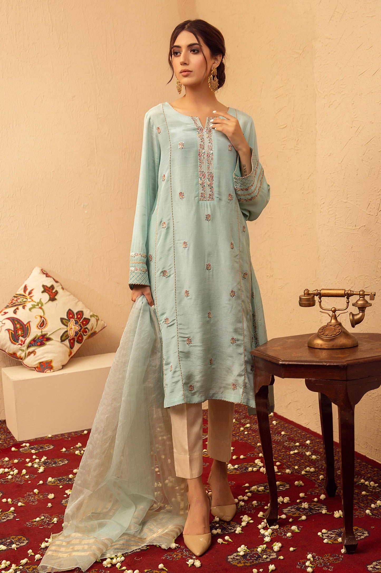 Stitched 2 Piece Raw Silk Embroidered Suit