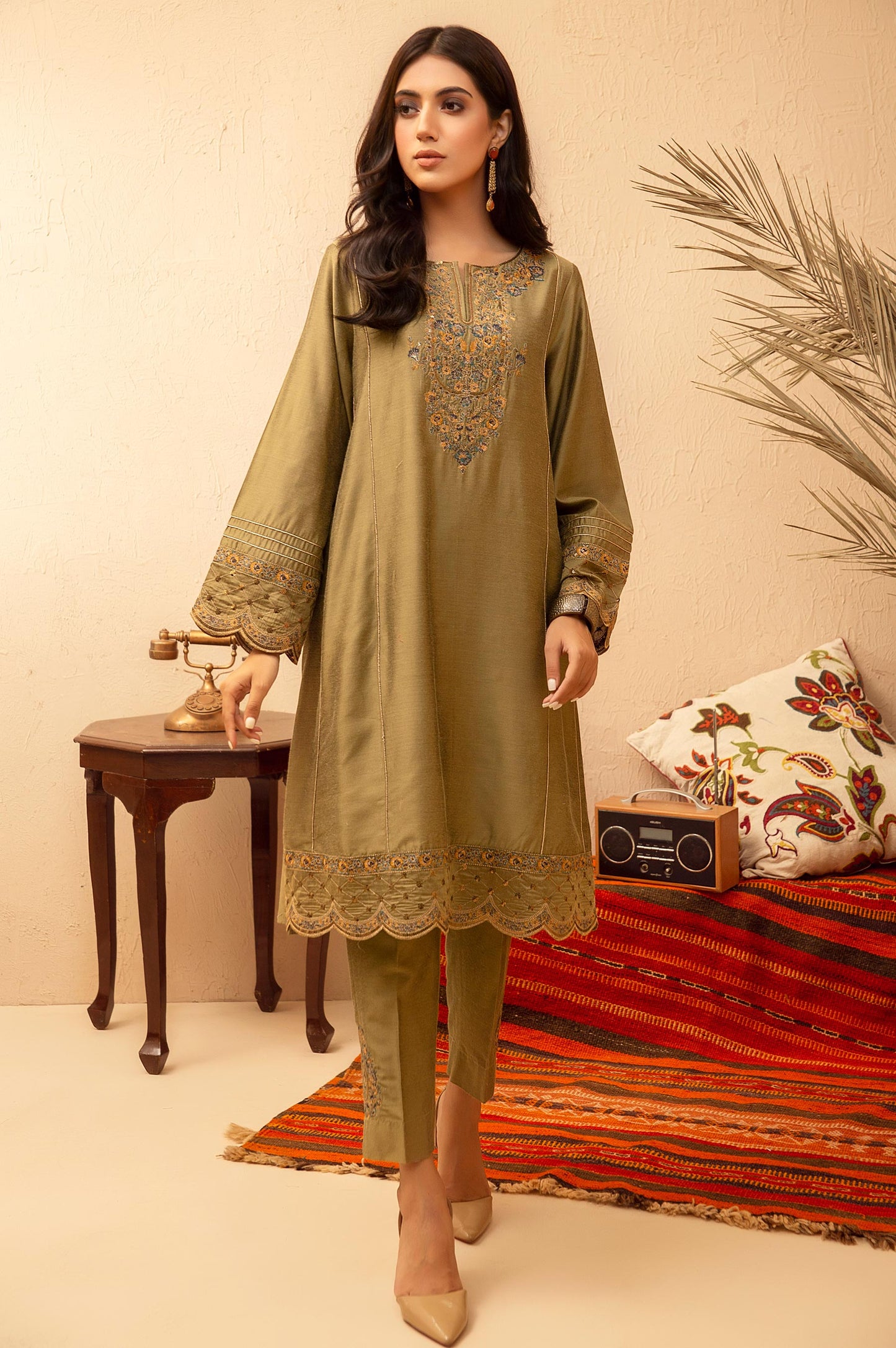 Stitched 2 Piece Cotton Silk Embroidered Suit