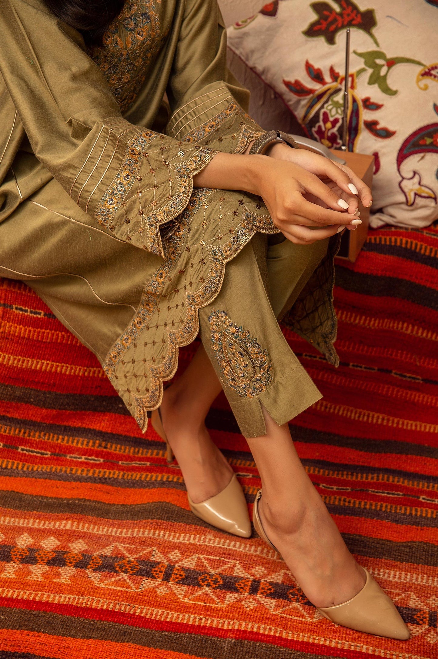 Stitched 2 Piece Cotton Silk Embroidered Suit