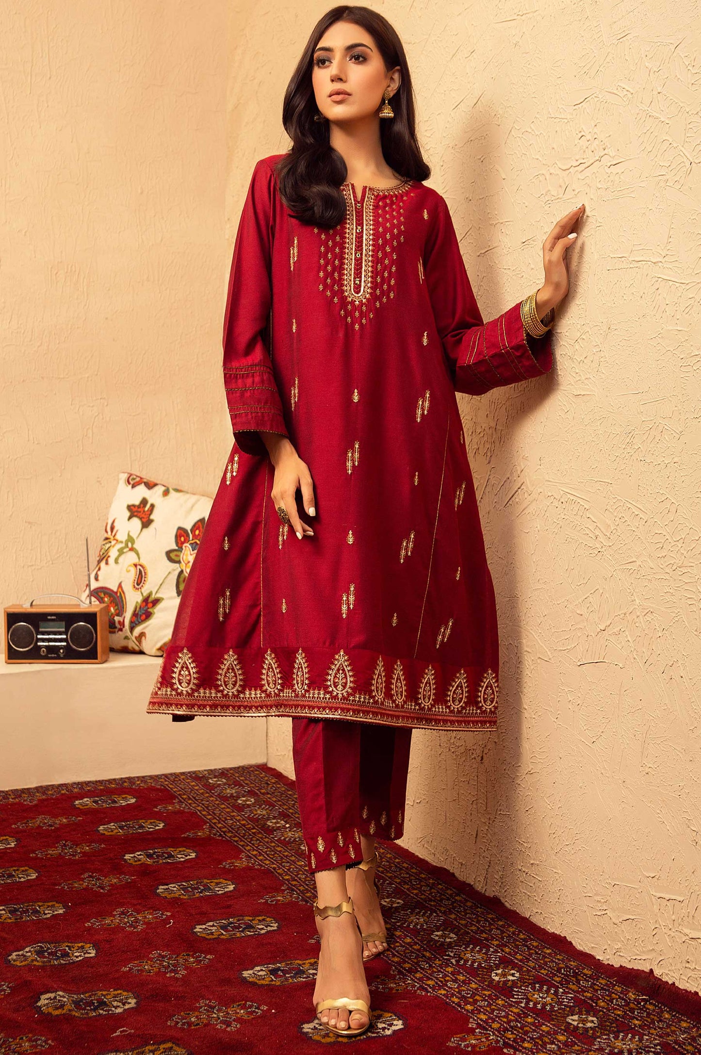 Stitched 2 Piece Cotton Silk Embroidered Suit