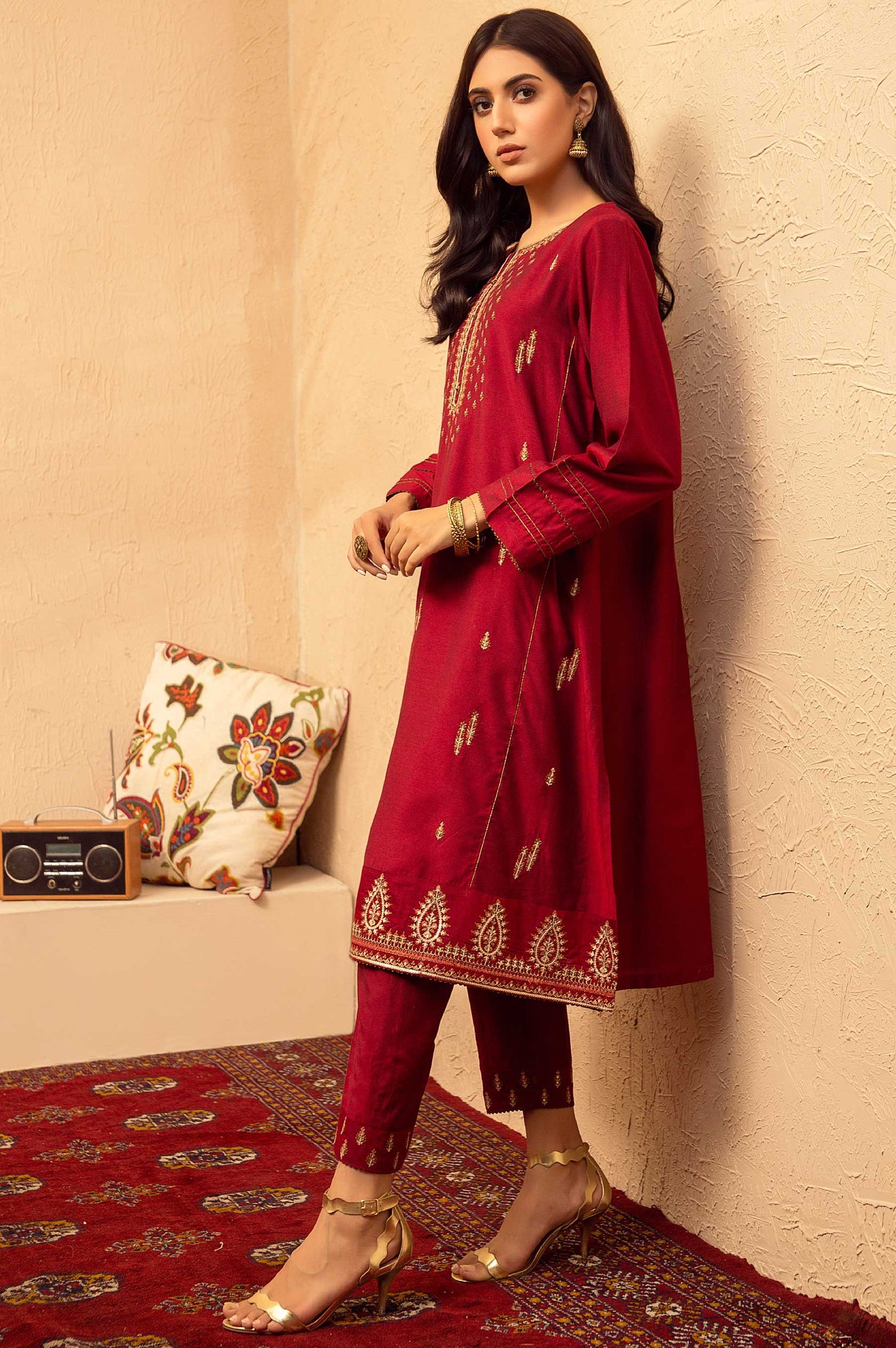 Stitched 2 Piece Cotton Silk Embroidered Suit