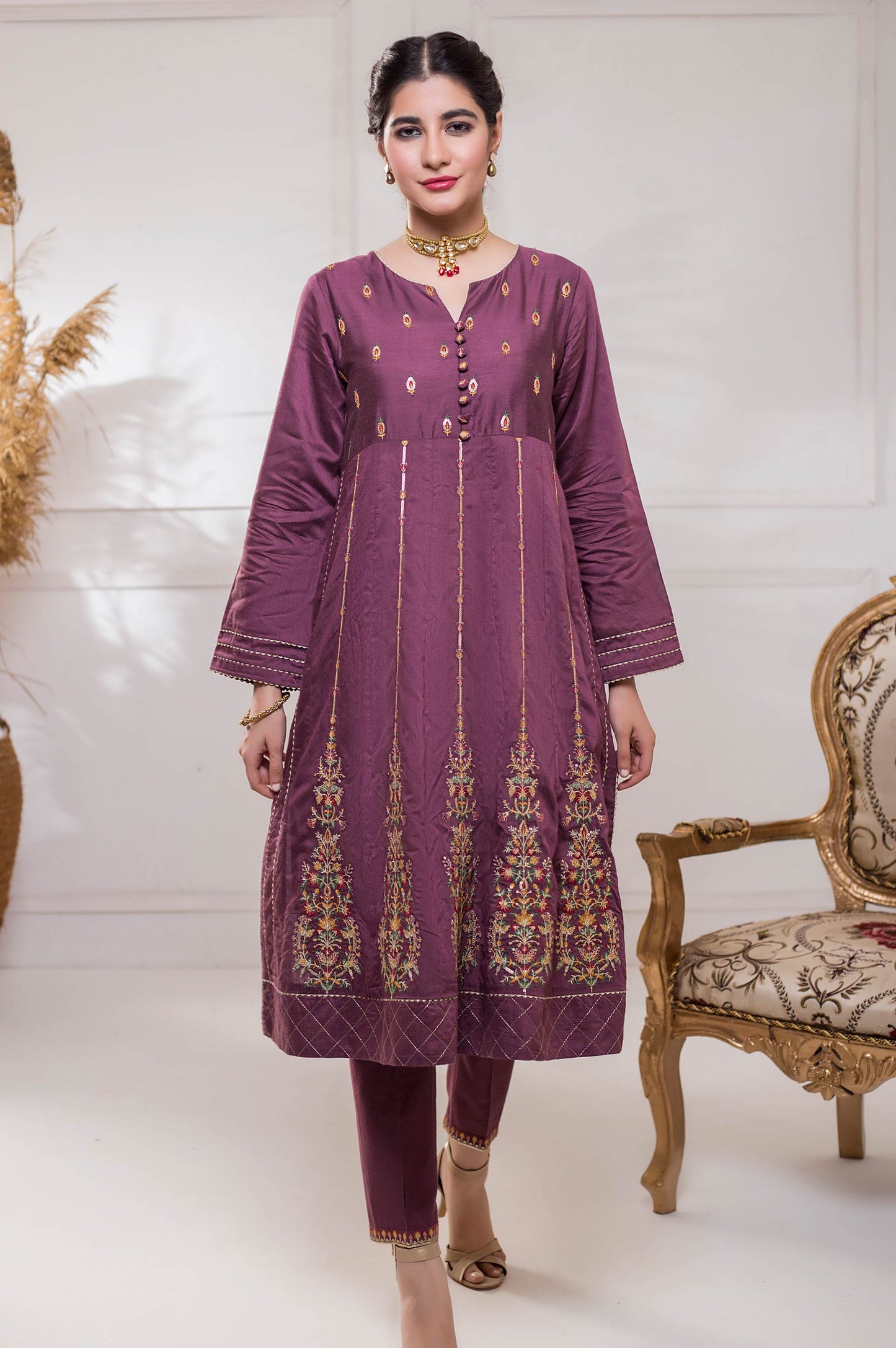 Stitched 2 Piece Cotton Silk Embroidered Suit
