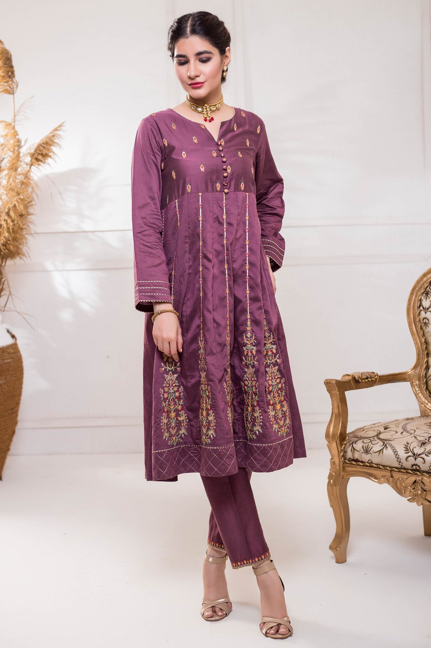 Stitched 2 Piece Cotton Silk Embroidered Suit