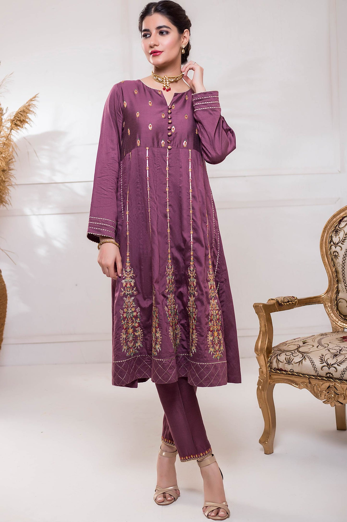 Stitched 2 Piece Cotton Silk Embroidered Suit