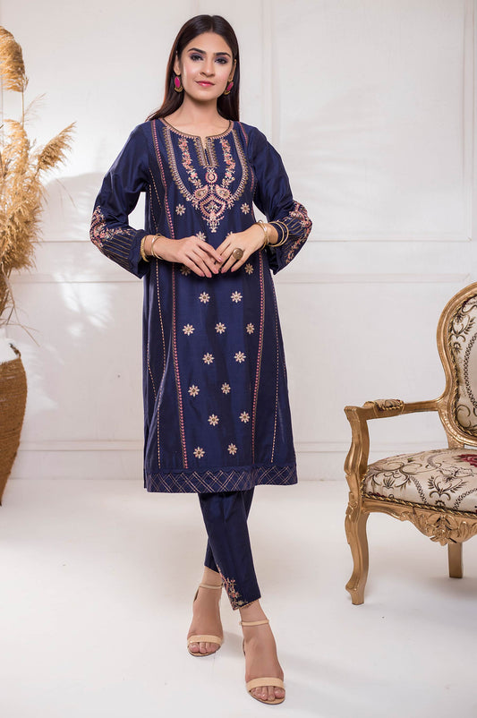 Stitched 2 Piece Cotton Silk Embroidered Suit