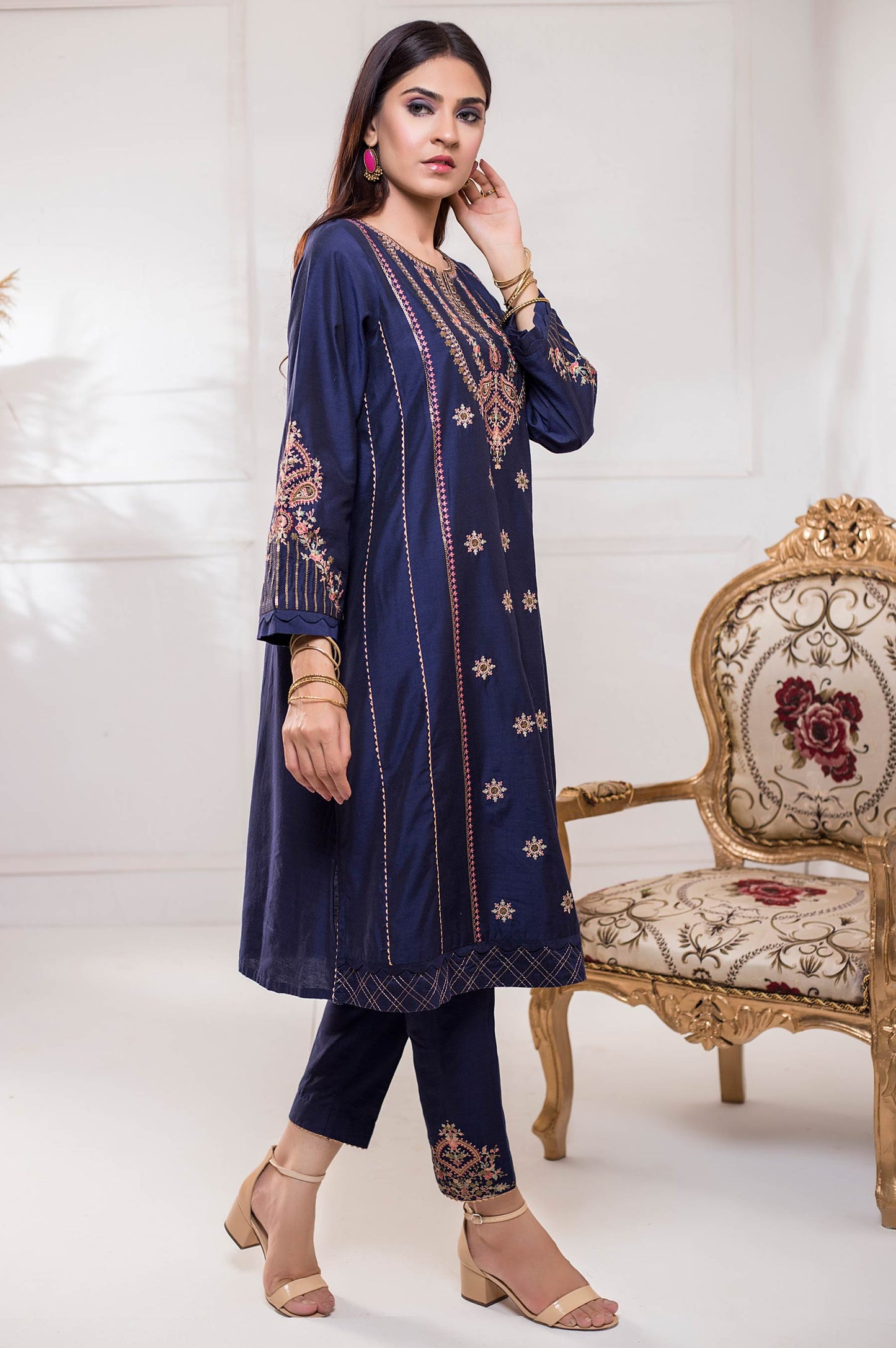 Stitched 2 Piece Cotton Silk Embroidered Suit