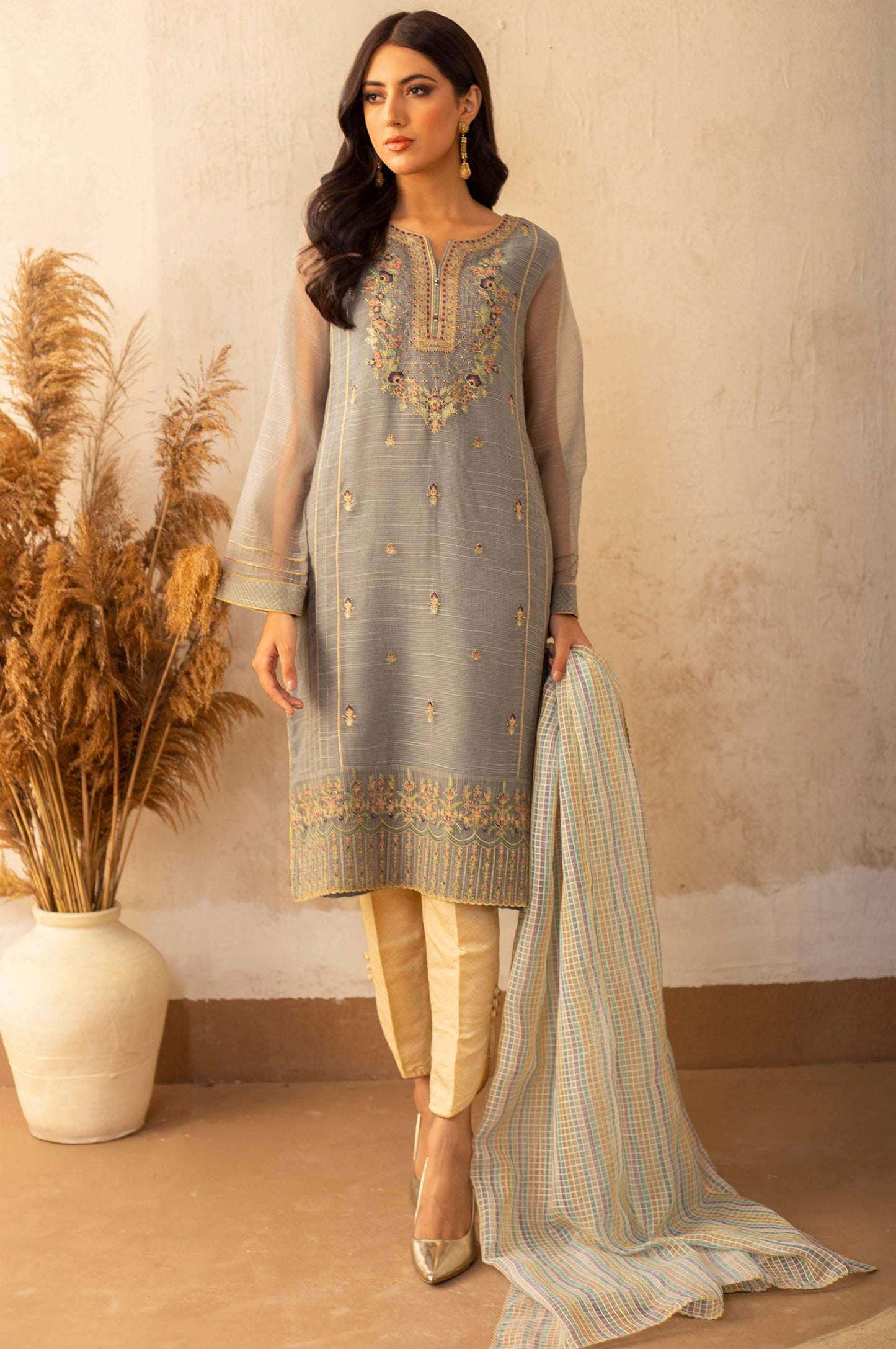 Stitched 2 Piece Textured Organza Embroidered Suit