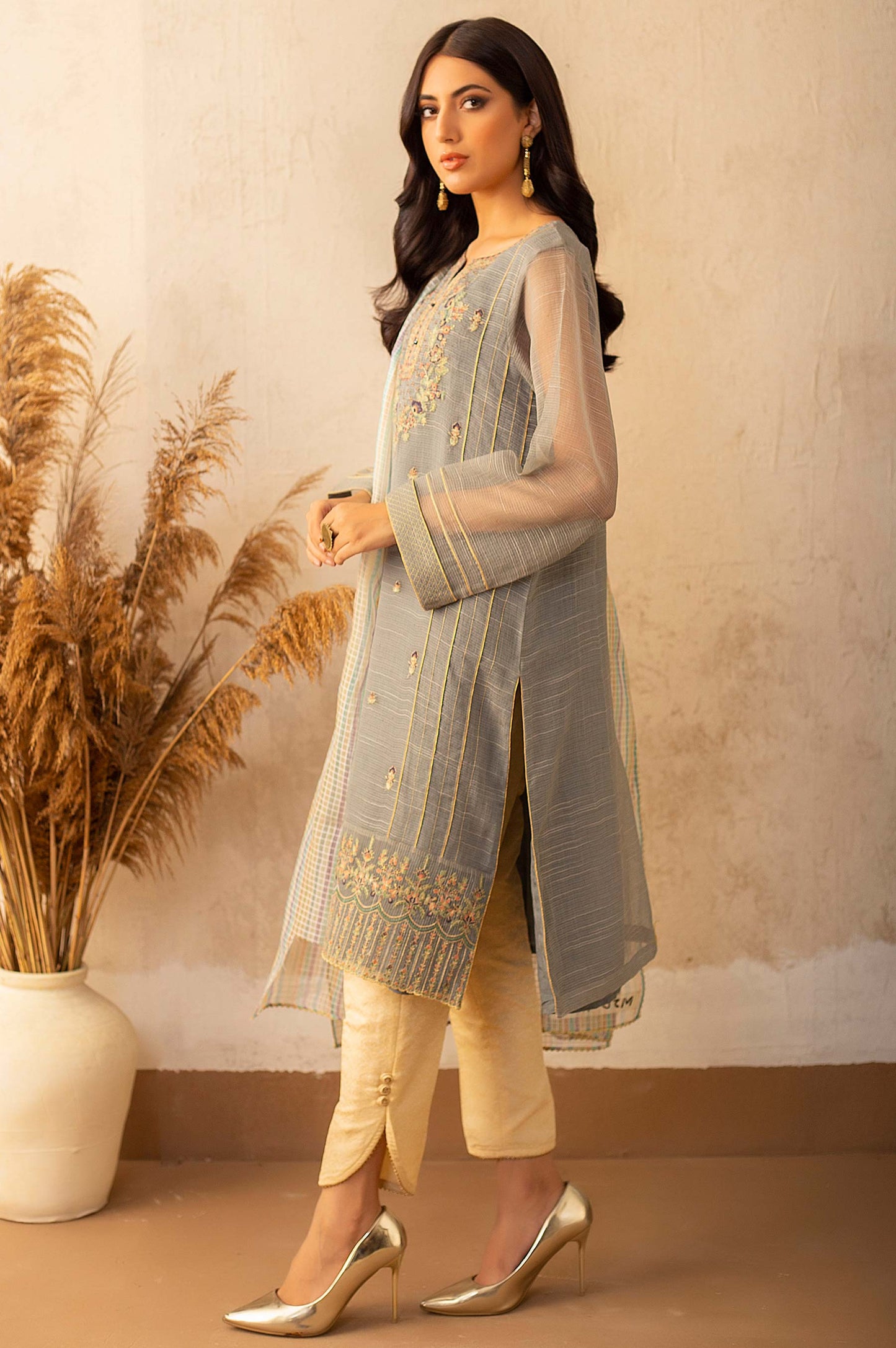 Stitched 2 Piece Textured Organza Embroidered Suit