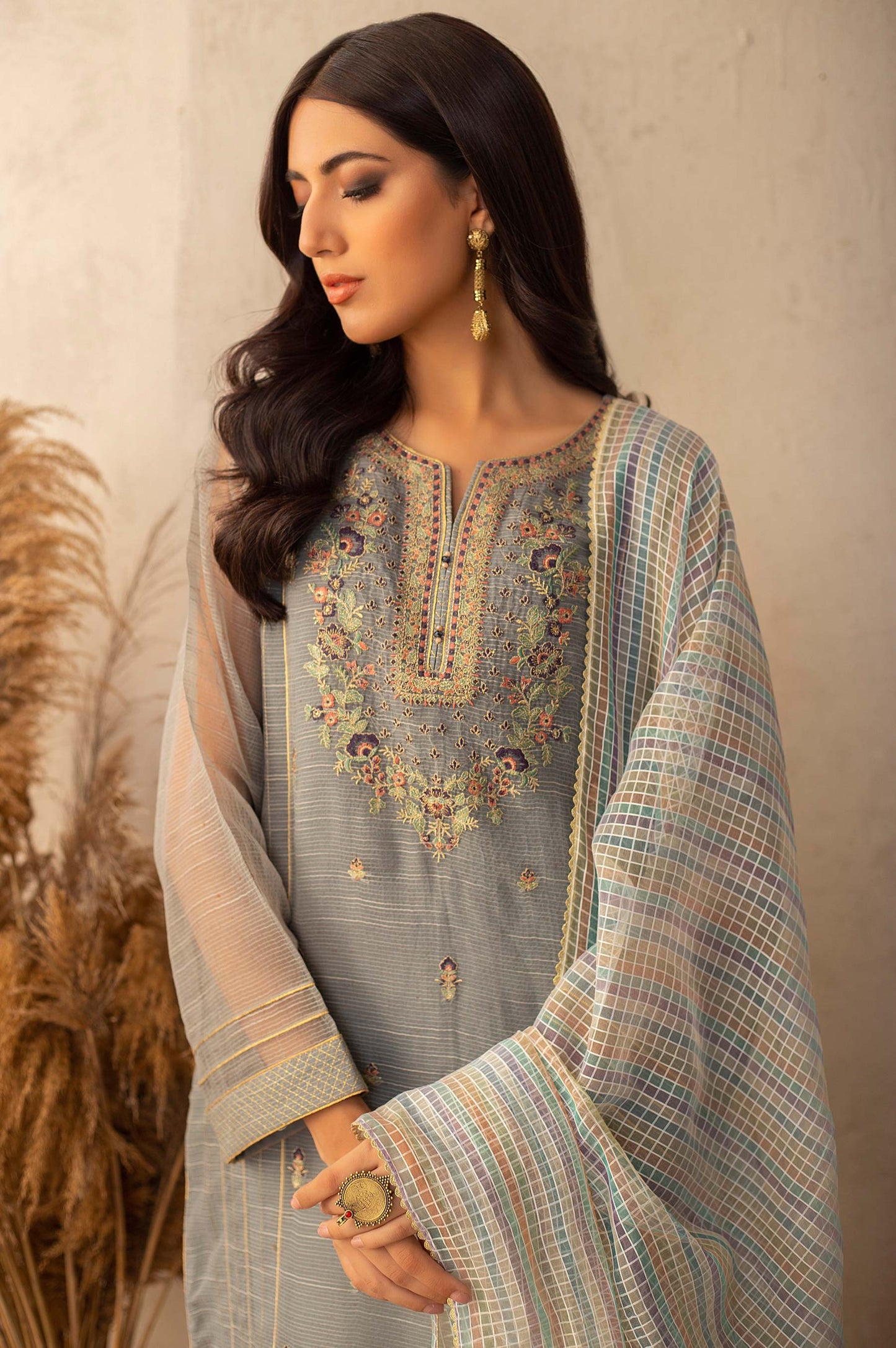 Stitched 2 Piece Textured Organza Embroidered Suit