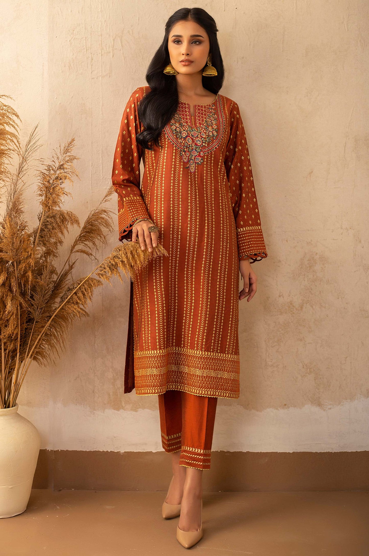 Stitched 2 Piece Cotton Silk Embroidered Suit