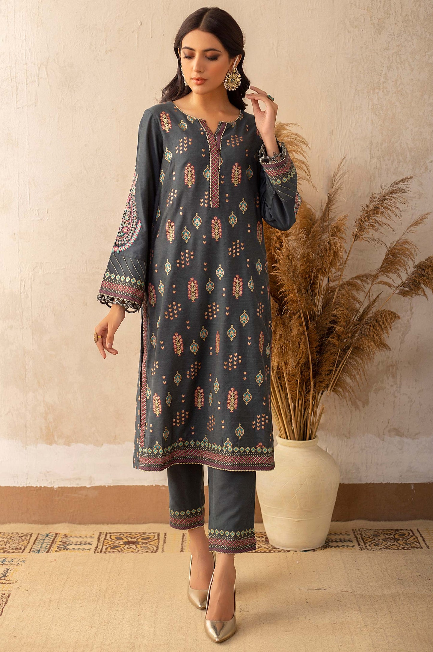 Stitched 2 Piece Cotton Silk Embroidered Suit