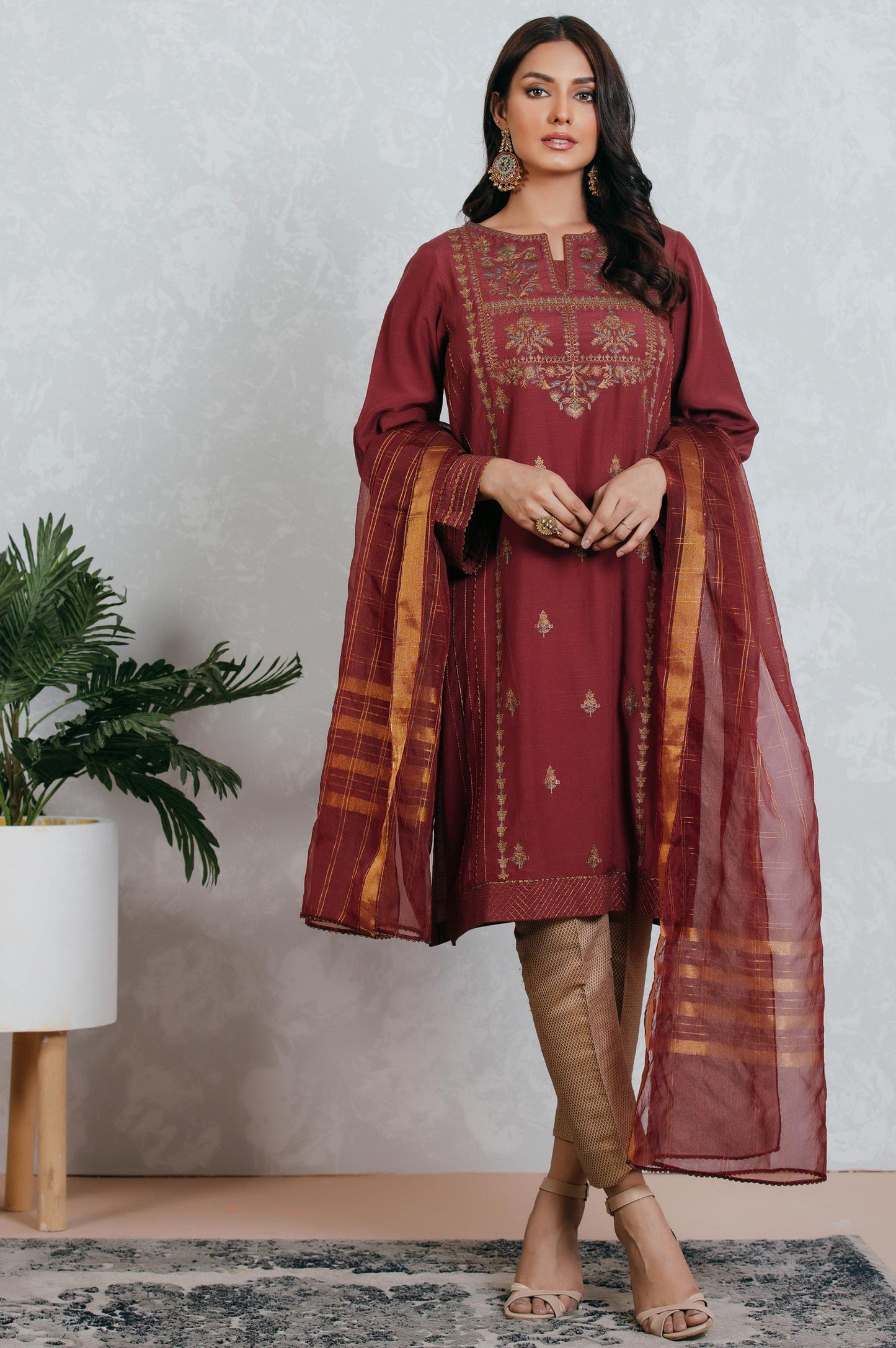 Stitched 2 Piece Raw Silk Embroidered Suit