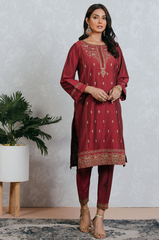 Stitched 2 Piece Cotton Silk Embroidered Suit