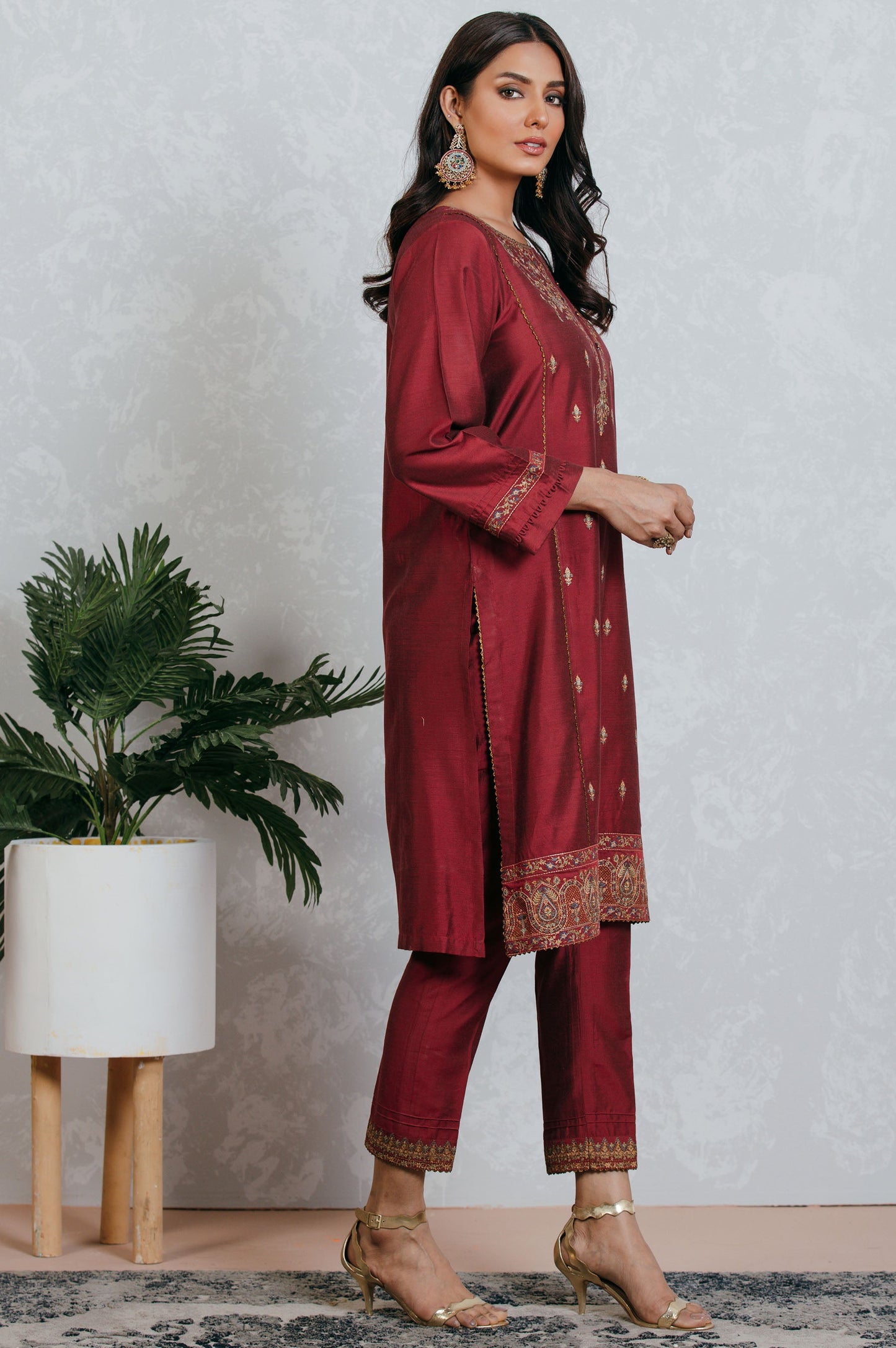 Stitched 2 Piece Cotton Silk Embroidered Suit