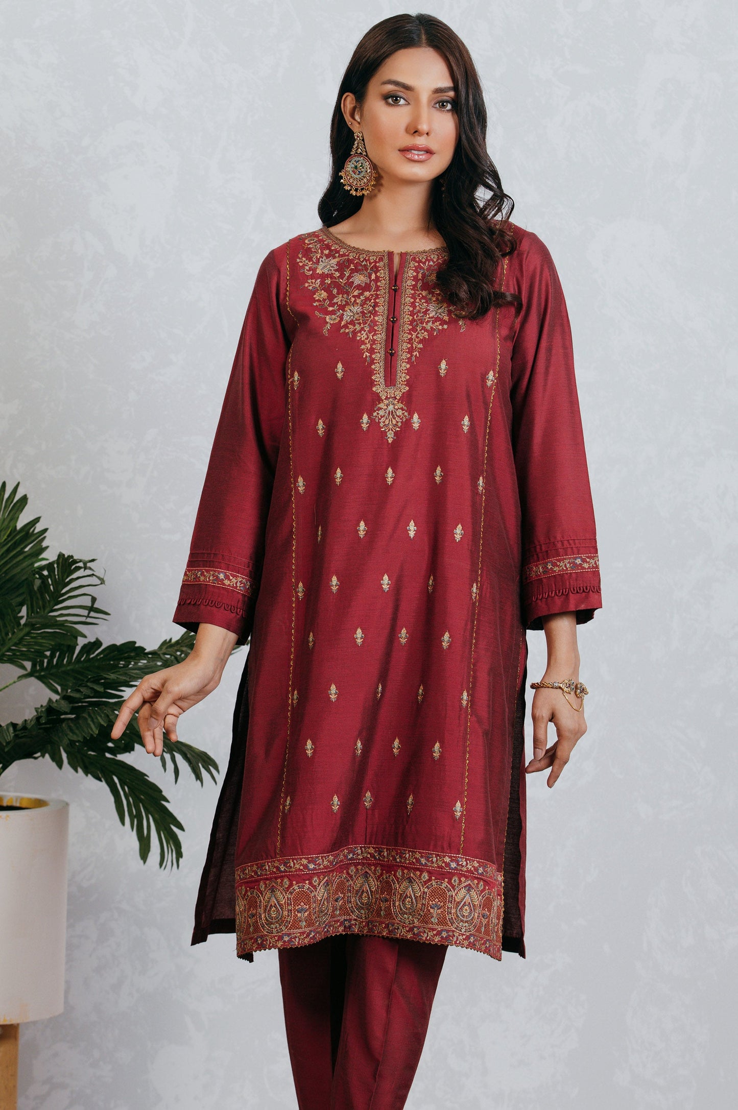 Stitched 2 Piece Cotton Silk Embroidered Suit