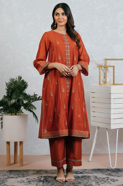 Stitched 2 Piece Cotton Net Embroidered Suit
