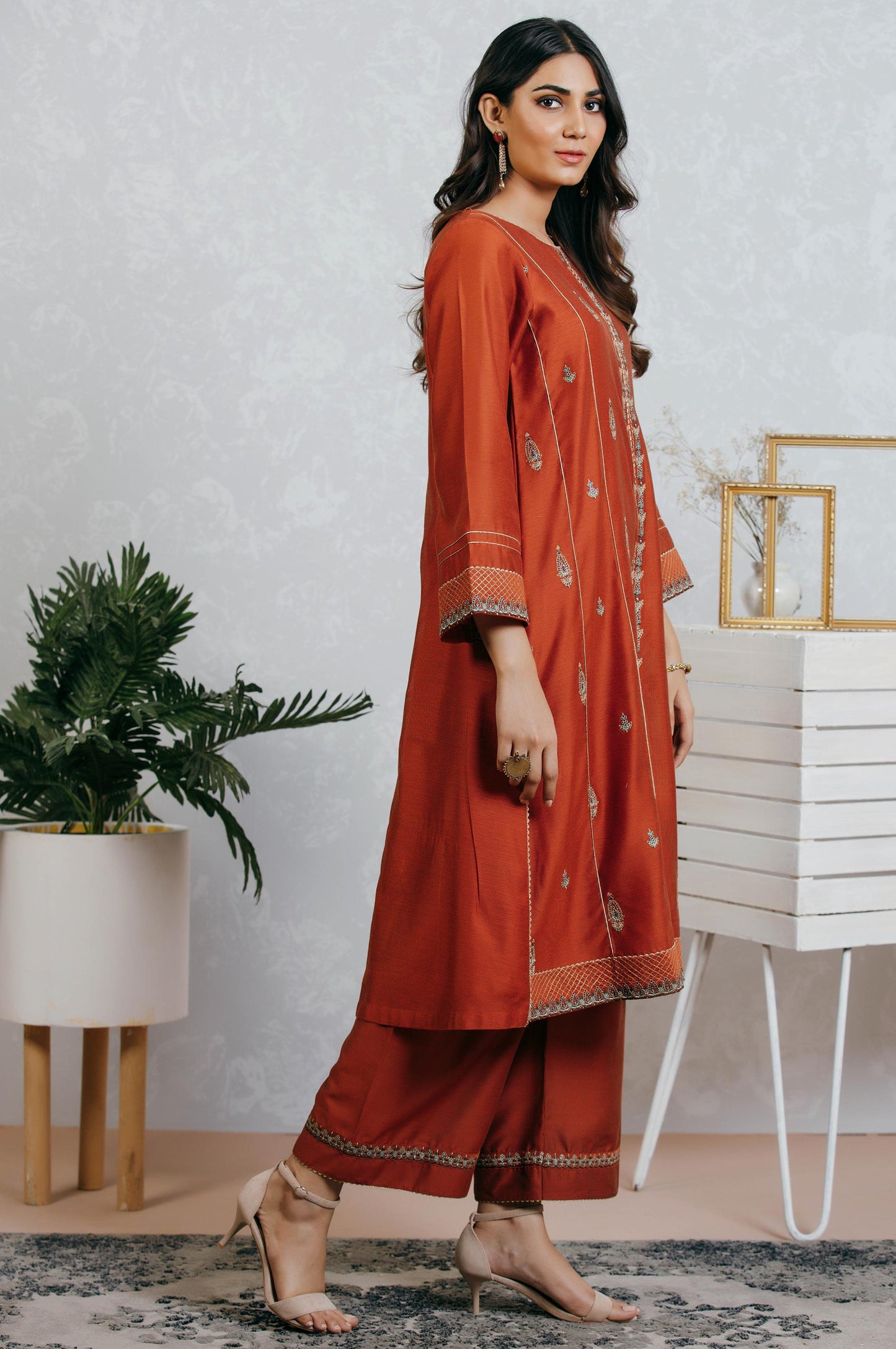 Stitched 2 Piece Cotton Net Embroidered Suit