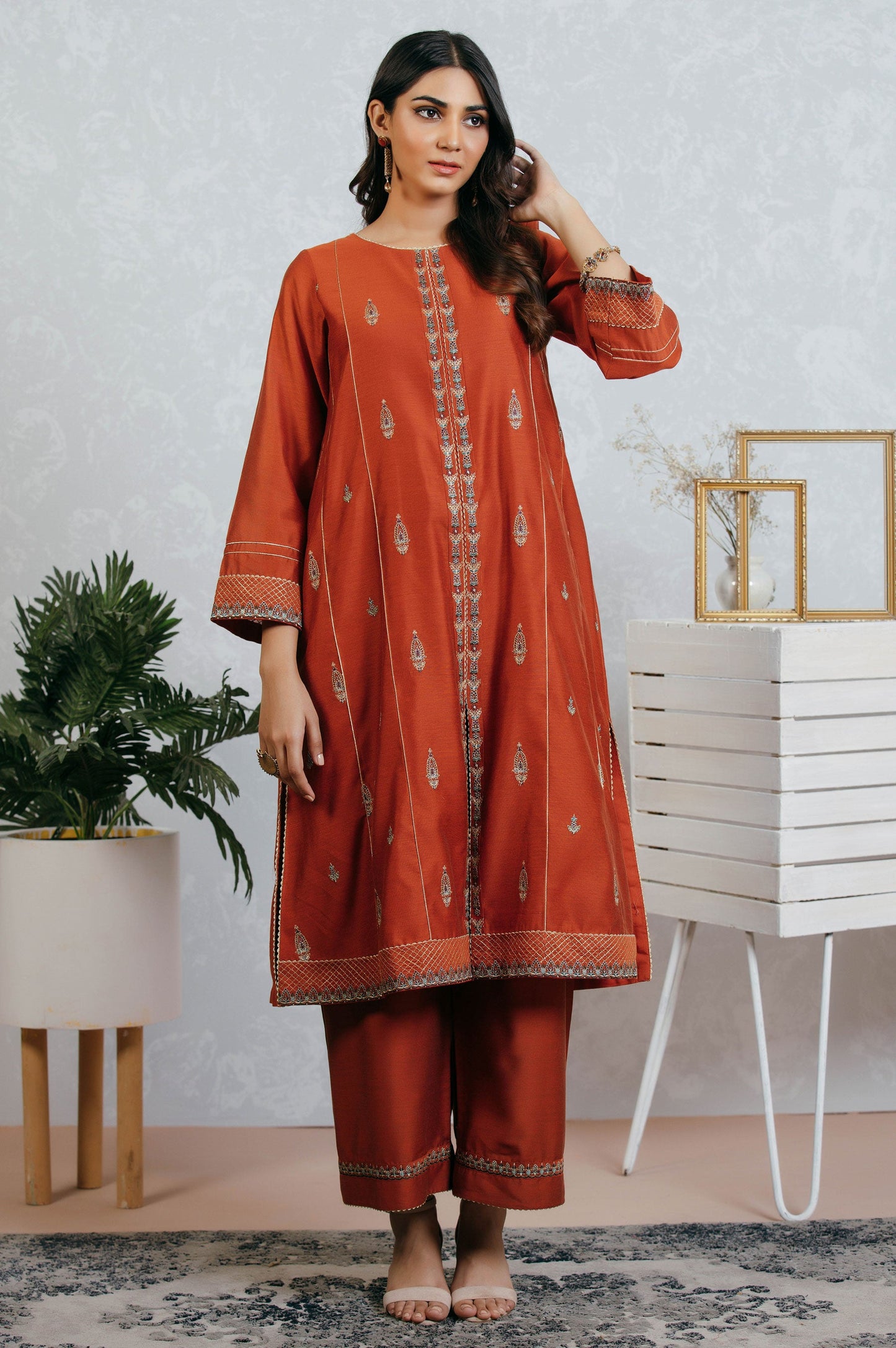 Stitched 2 Piece Cotton Net Embroidered Suit
