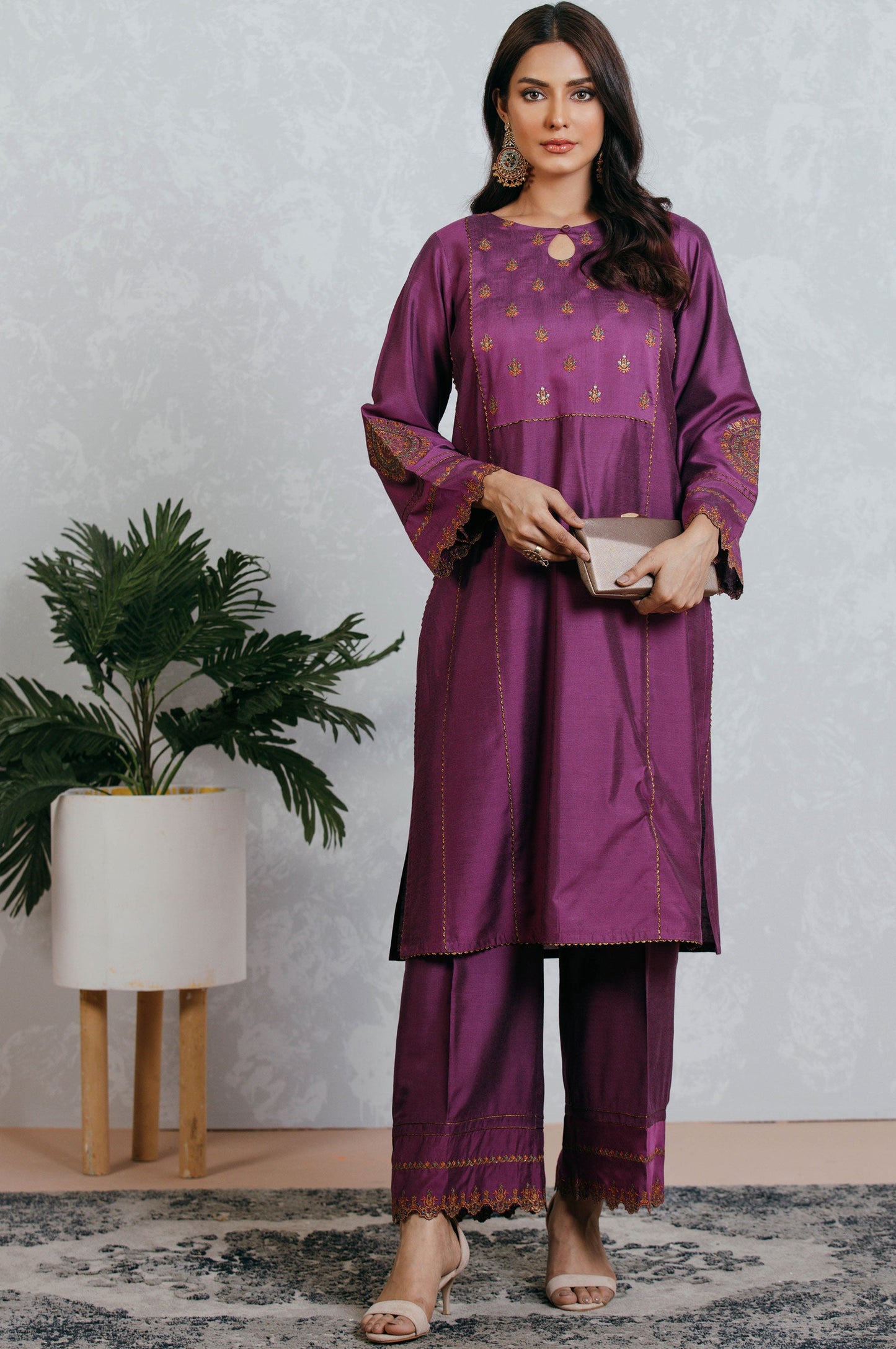 Stitched 2 Piece Cotton Silk Embroidered Suit