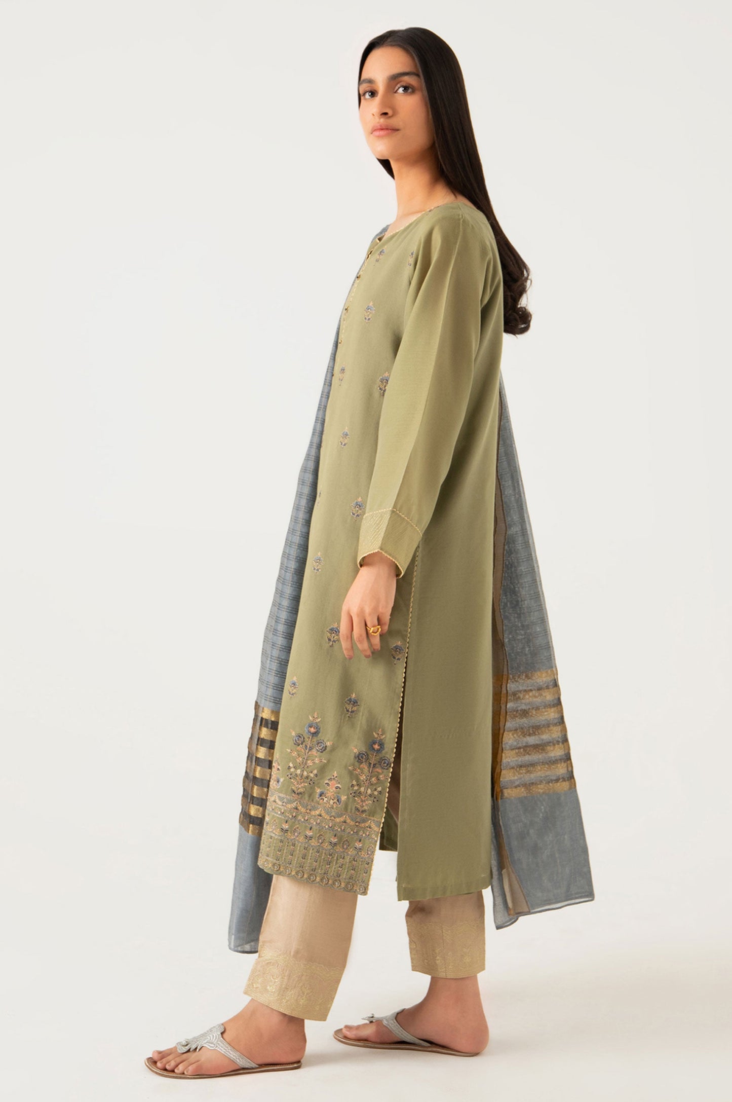 Stitched 2 Piece Cotton Net Embroidered Suit