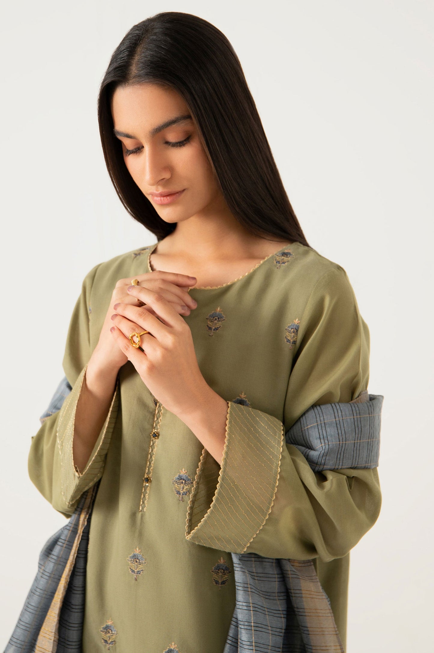 Stitched 2 Piece Cotton Net Embroidered Suit