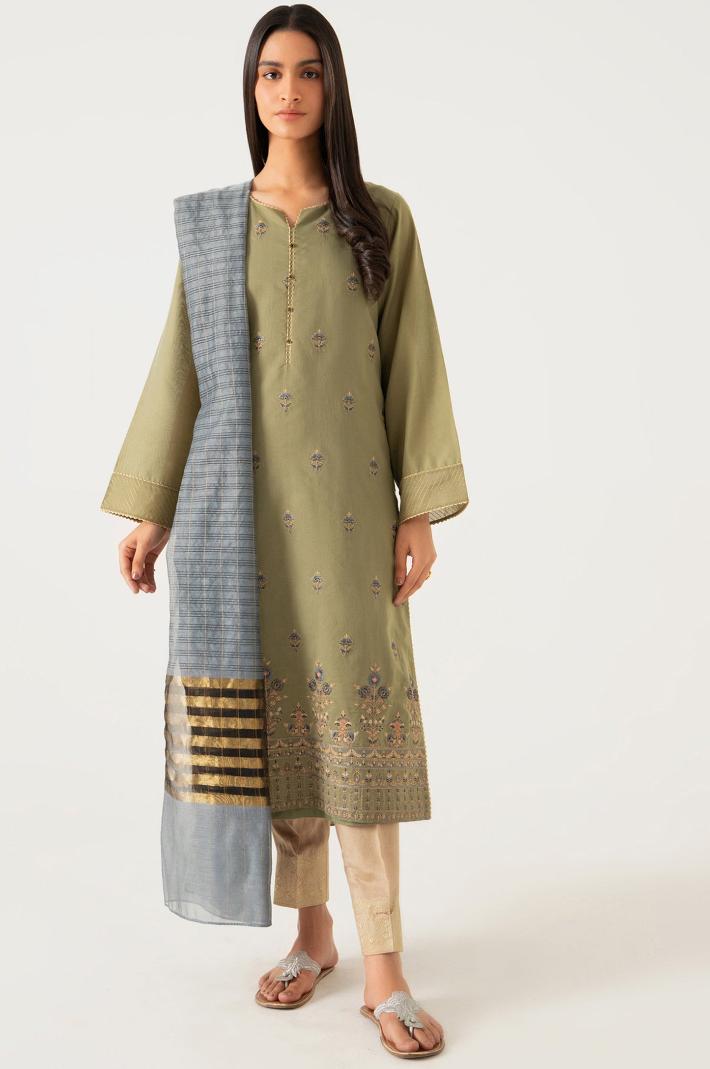 Stitched 2 Piece Cotton Net Embroidered Suit