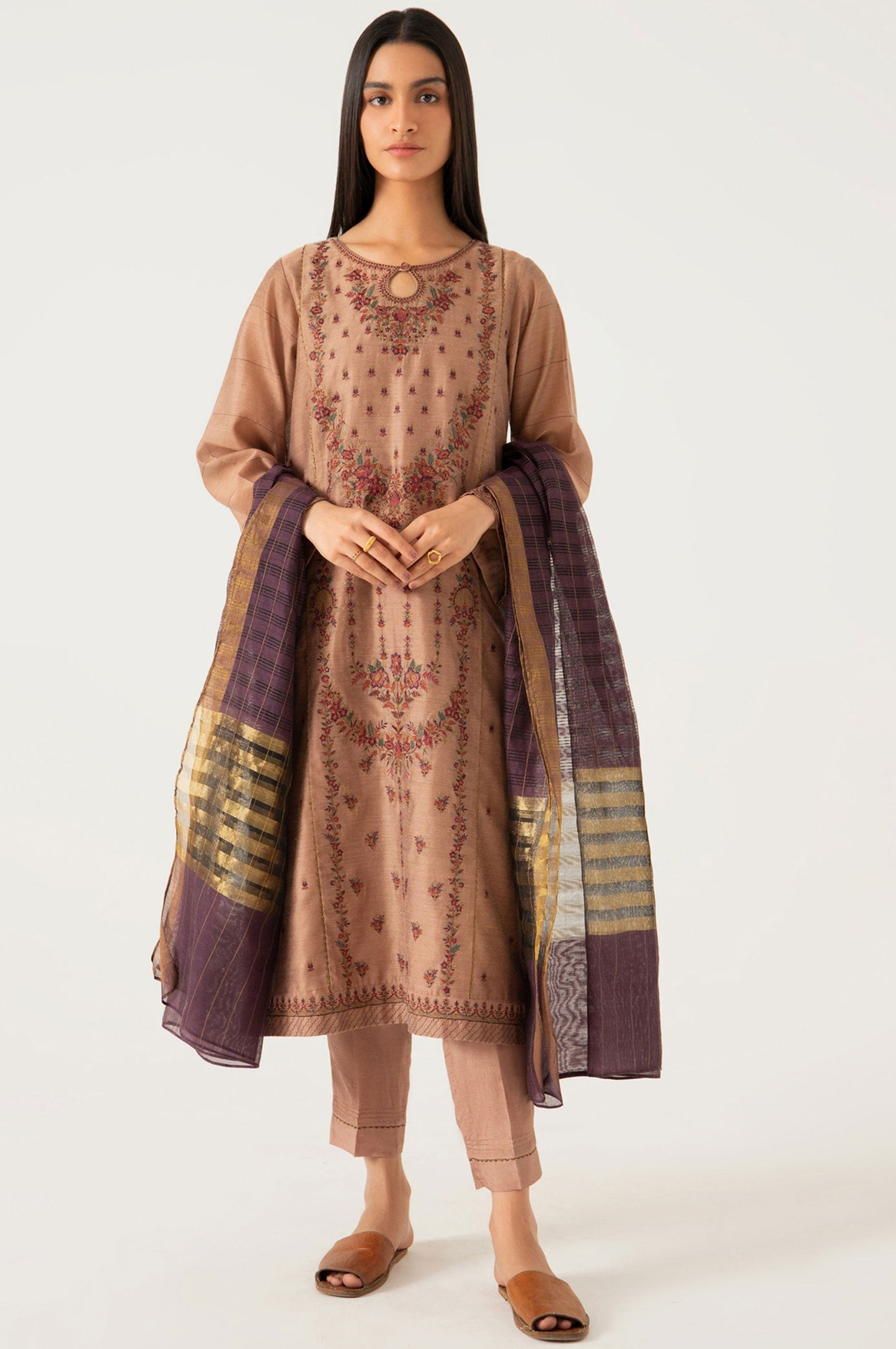 Stitched 2 Piece Cotton Net Embroidered Suit