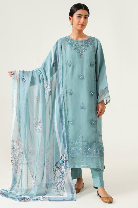 Stitched 2 Piece Embroidered Organza Suit.