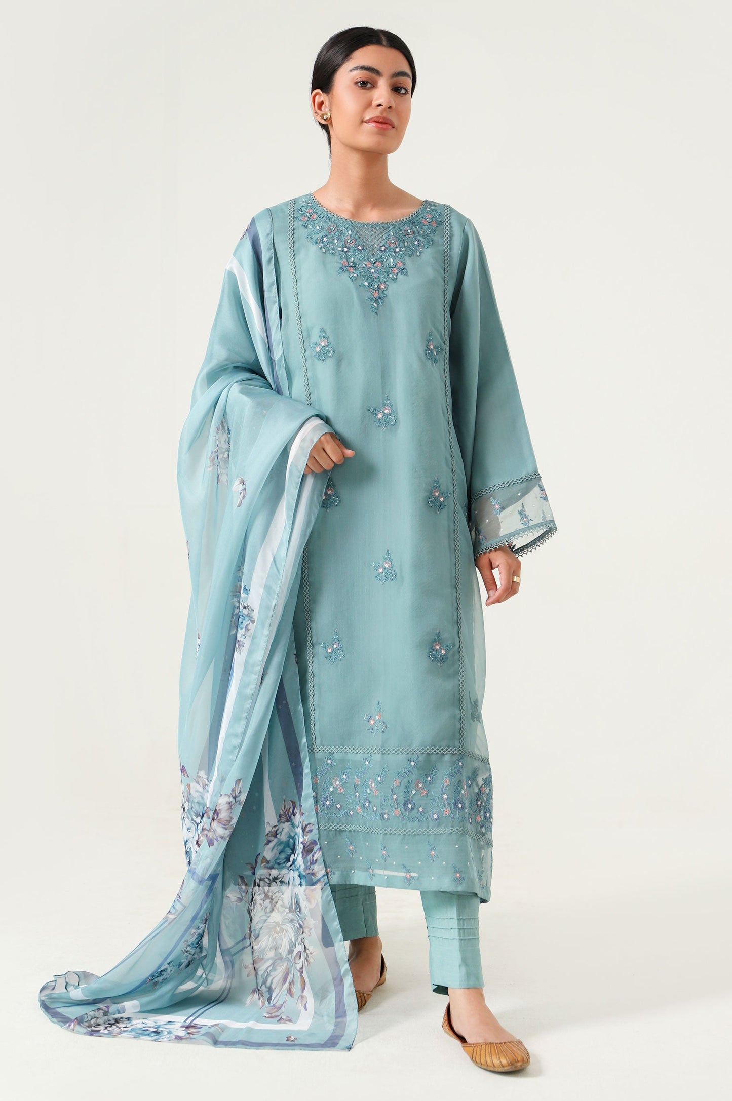 Stitched 2 Piece Embroidered Organza Suit.