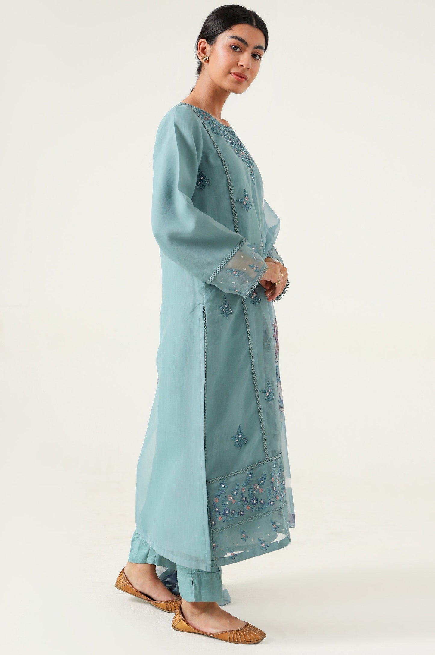 Stitched 2 Piece Embroidered Organza Suit.