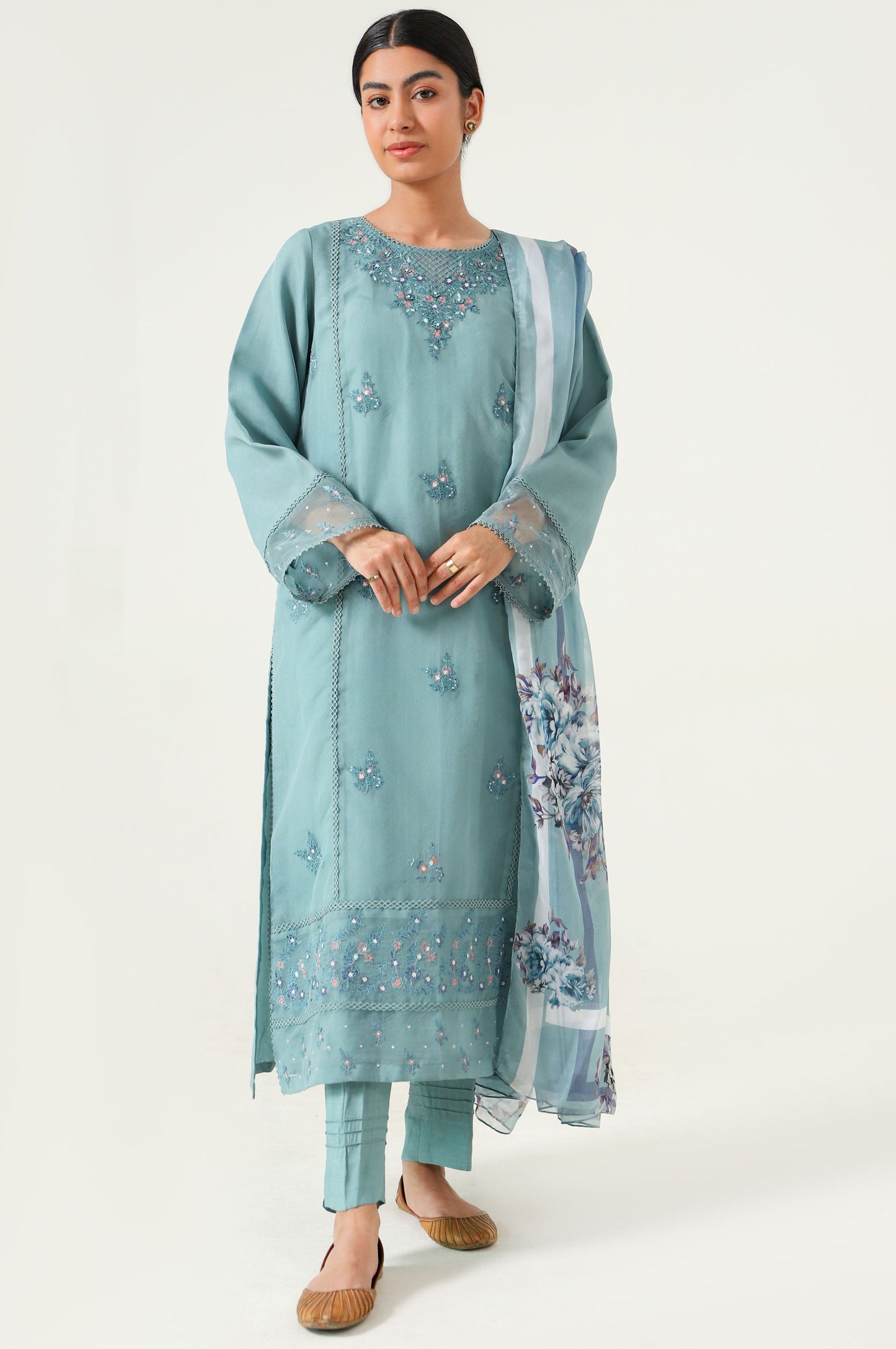 Stitched 2 Piece Embroidered Organza Suit.