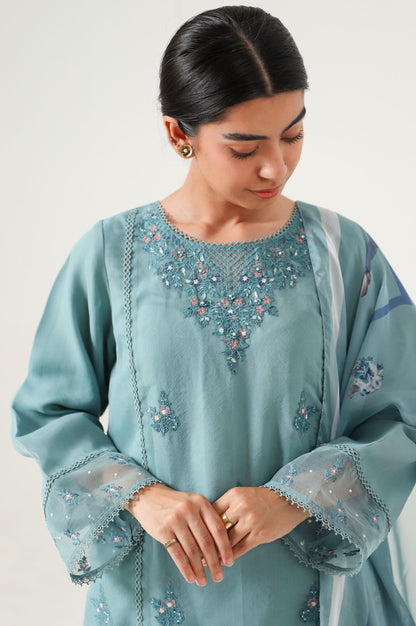 Stitched 2 Piece Embroidered Organza Suit.