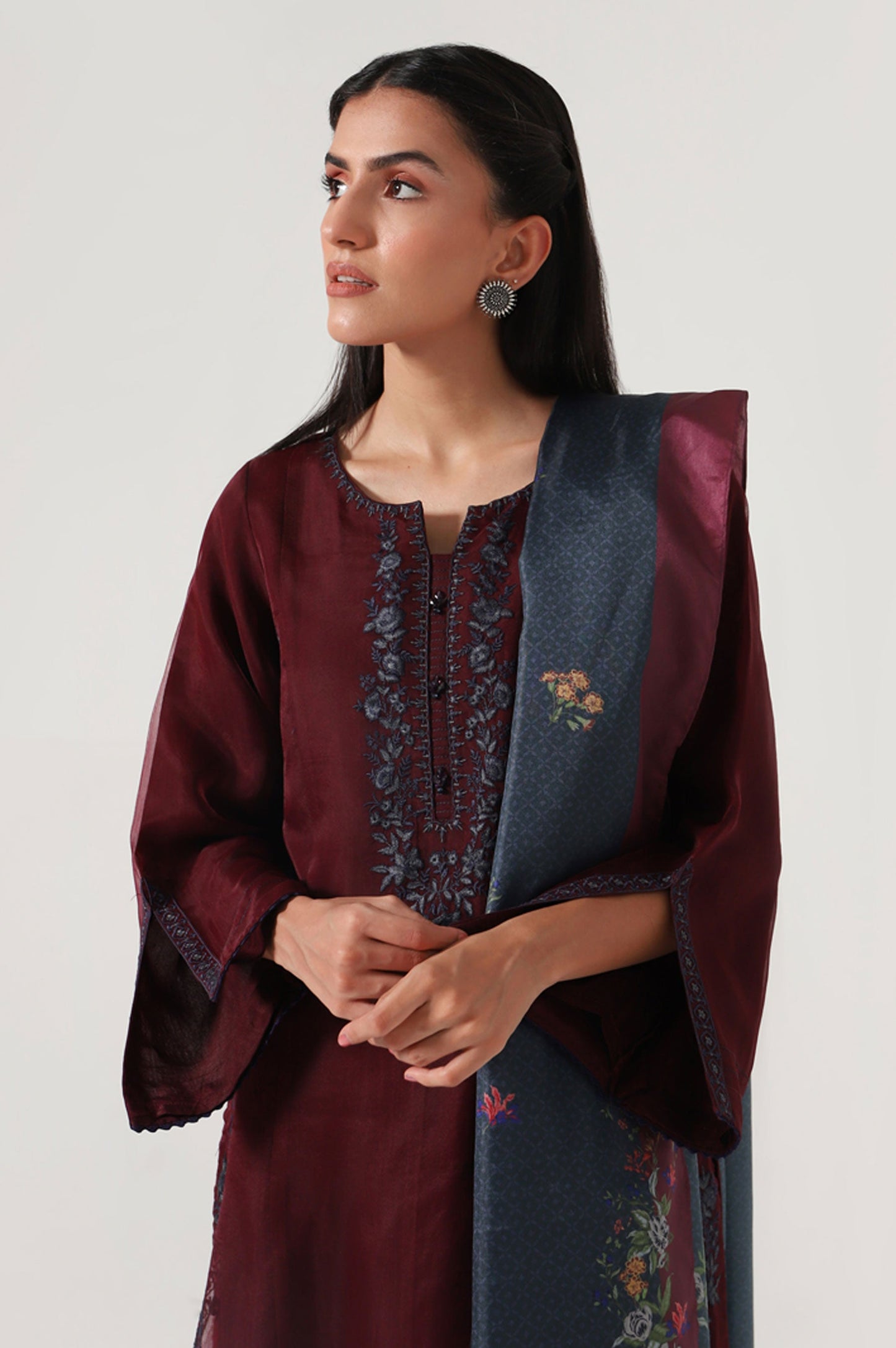 Stitched 2 Piece Cotton Net Embroidered Shirt