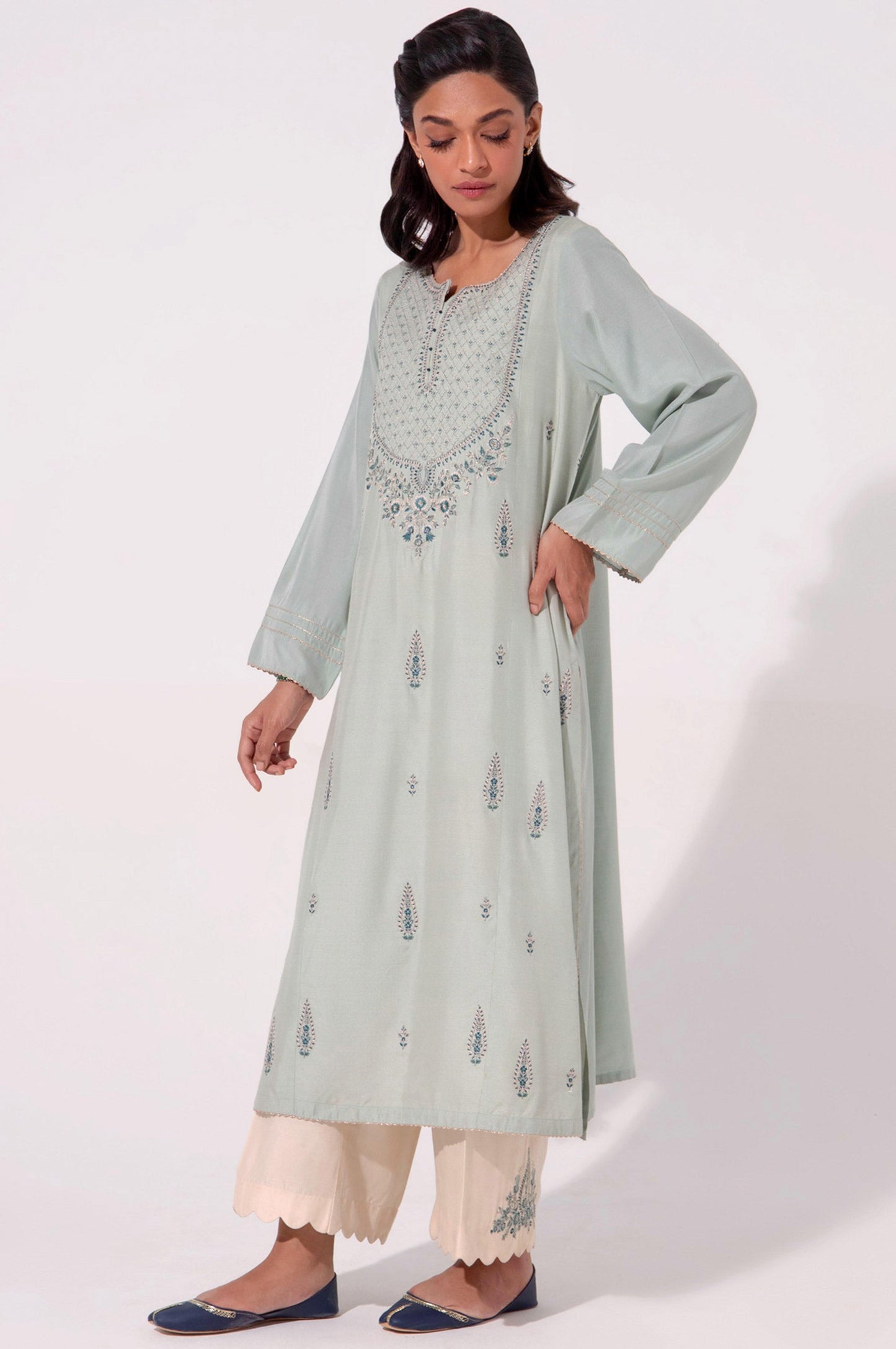 Stitched 2 Piece Embroidered Cotton Silk Suit