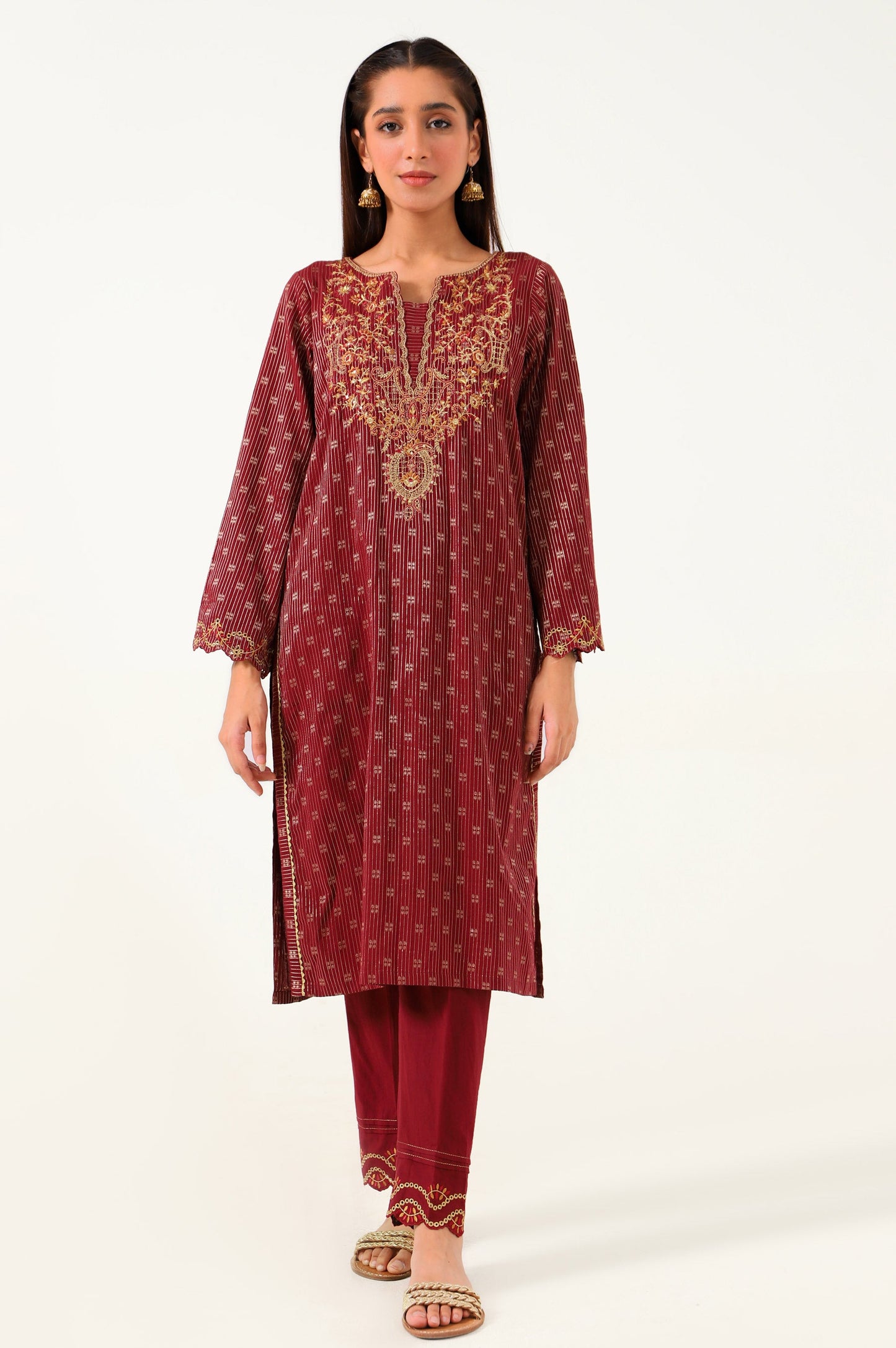 Stitched 2 Piece Cotton Jacquard Embroidered Suit