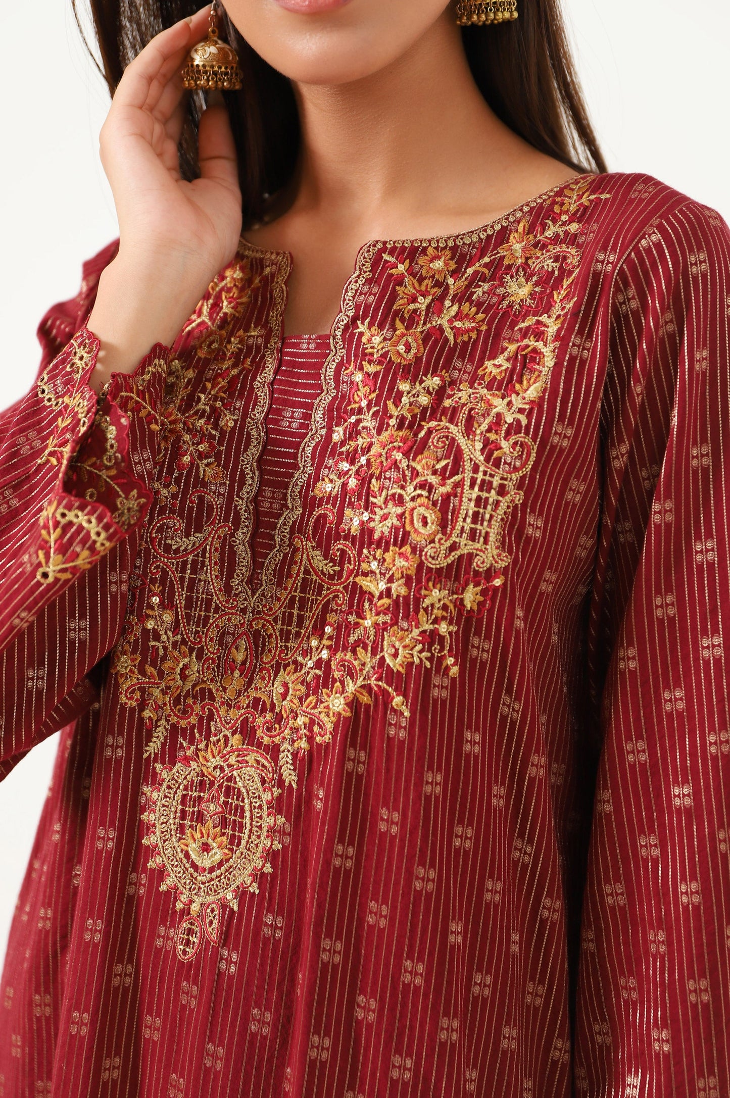 Stitched 2 Piece Cotton Jacquard Embroidered Suit