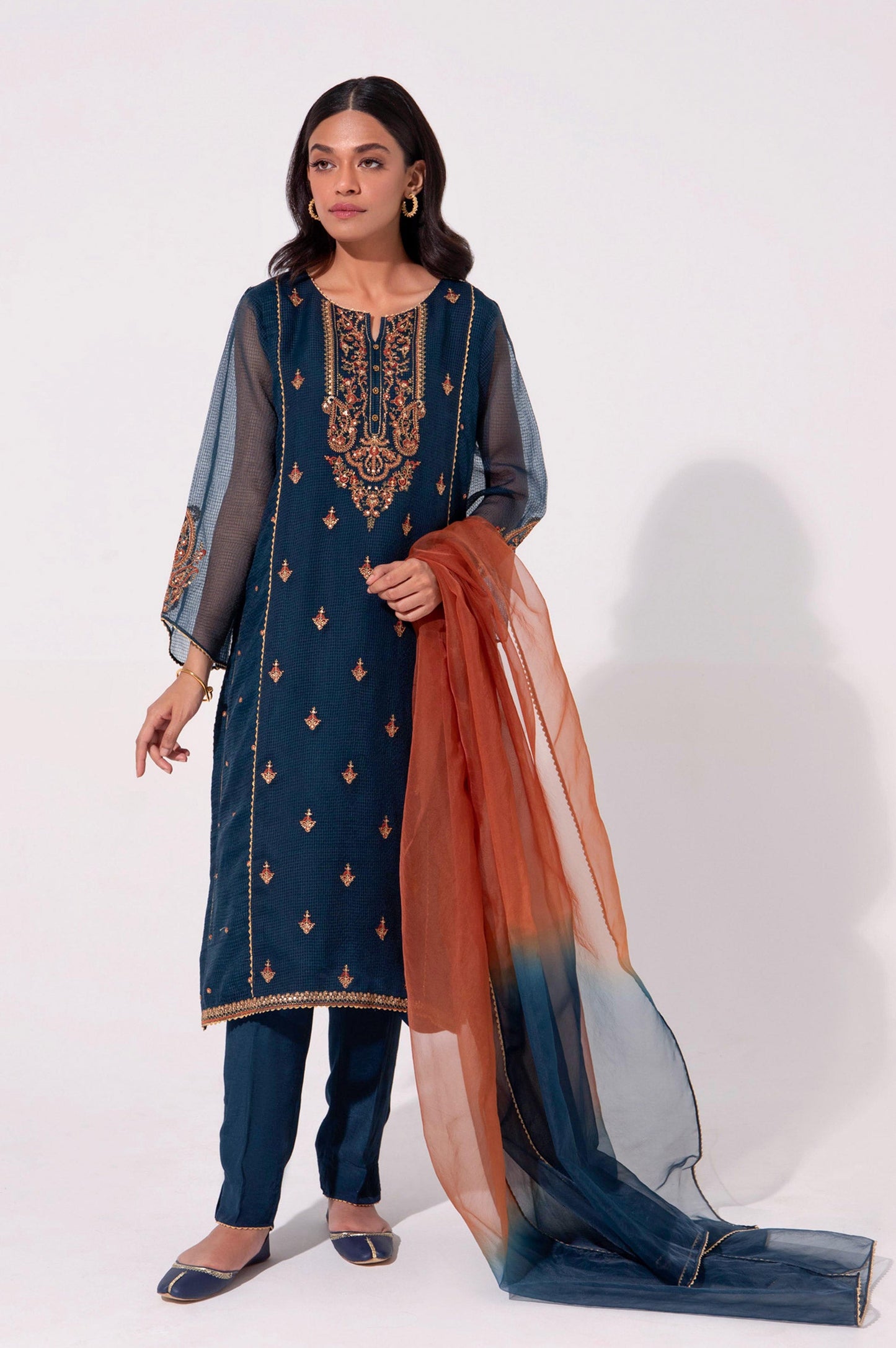 Stitched 2 Piece Embroidered Textured Organza Suit.