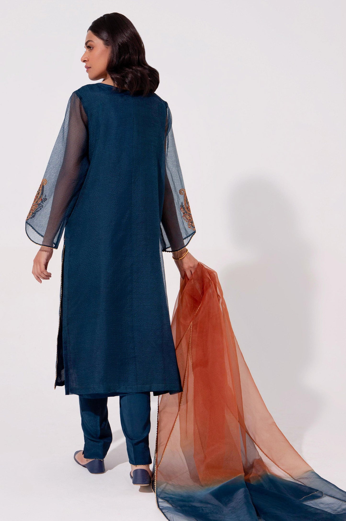 Stitched 2 Piece Embroidered Textured Organza Suit.