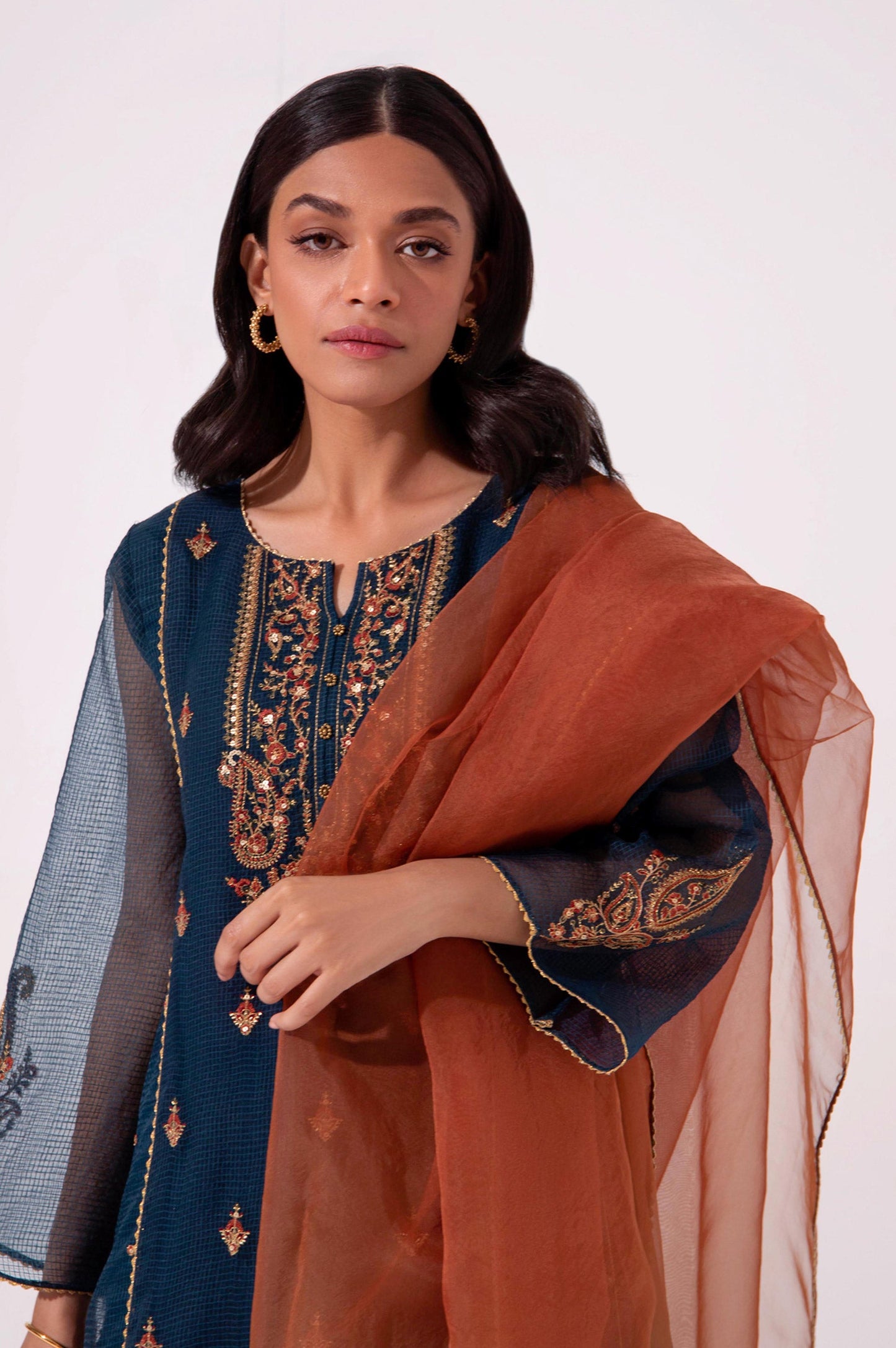 Stitched 2 Piece Embroidered Textured Organza Suit.