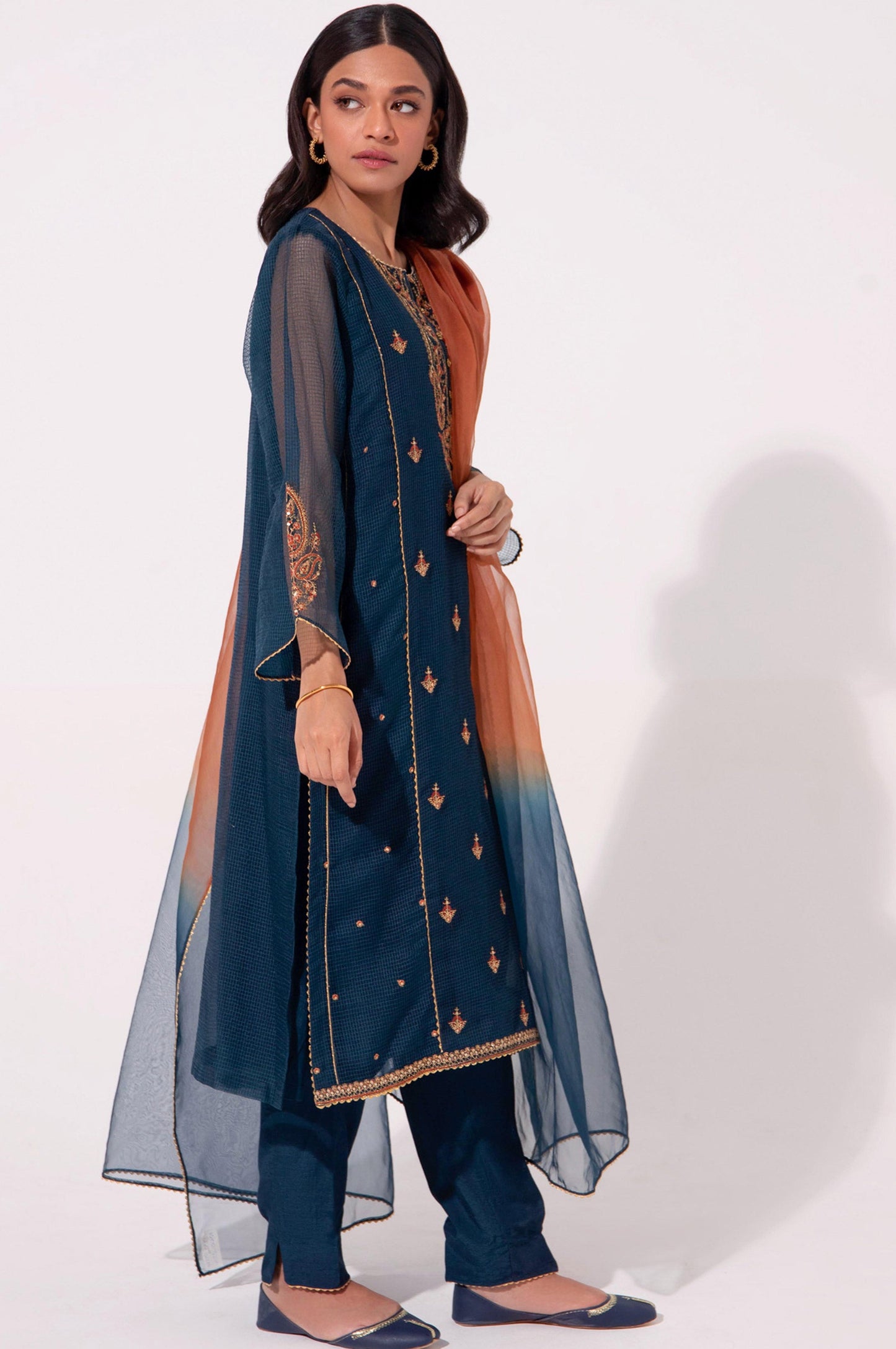 Stitched 2 Piece Embroidered Textured Organza Suit.