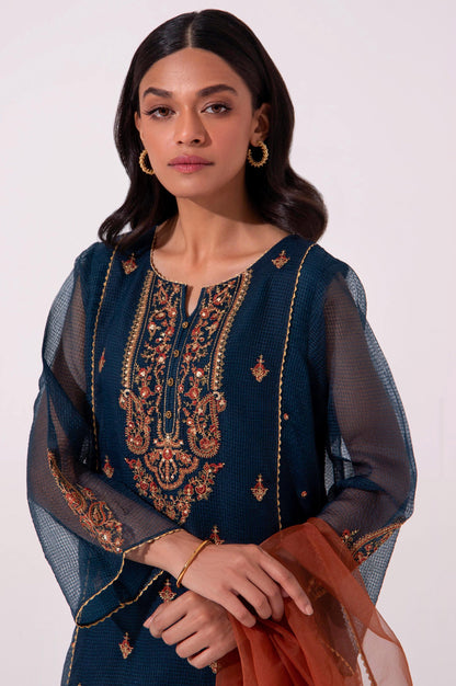 Stitched 2 Piece Embroidered Textured Organza Suit.